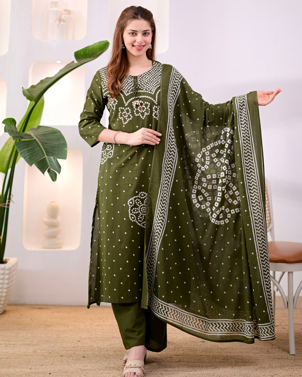 MEERA FAB Women's Pure Bandhej Cotton Straight Kurta Set with Palazzo Pants & Dupatta|Ethnic wear|Kurti Suit Set for Women