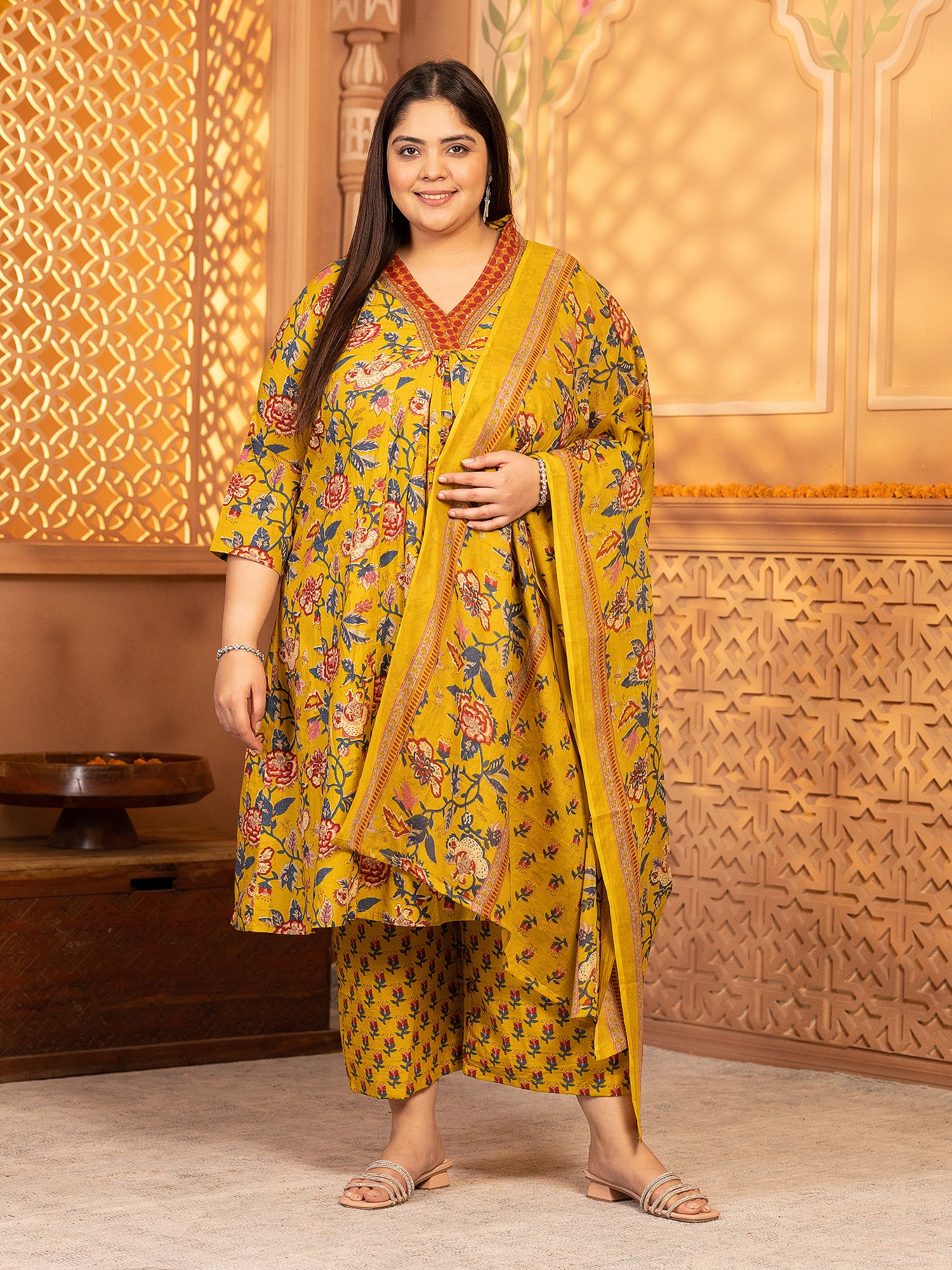 MEERA FAB Women's Cotton Blend V-Neck Plus Size Kurta Printed Kurta with Palazzo & Dupatta Set