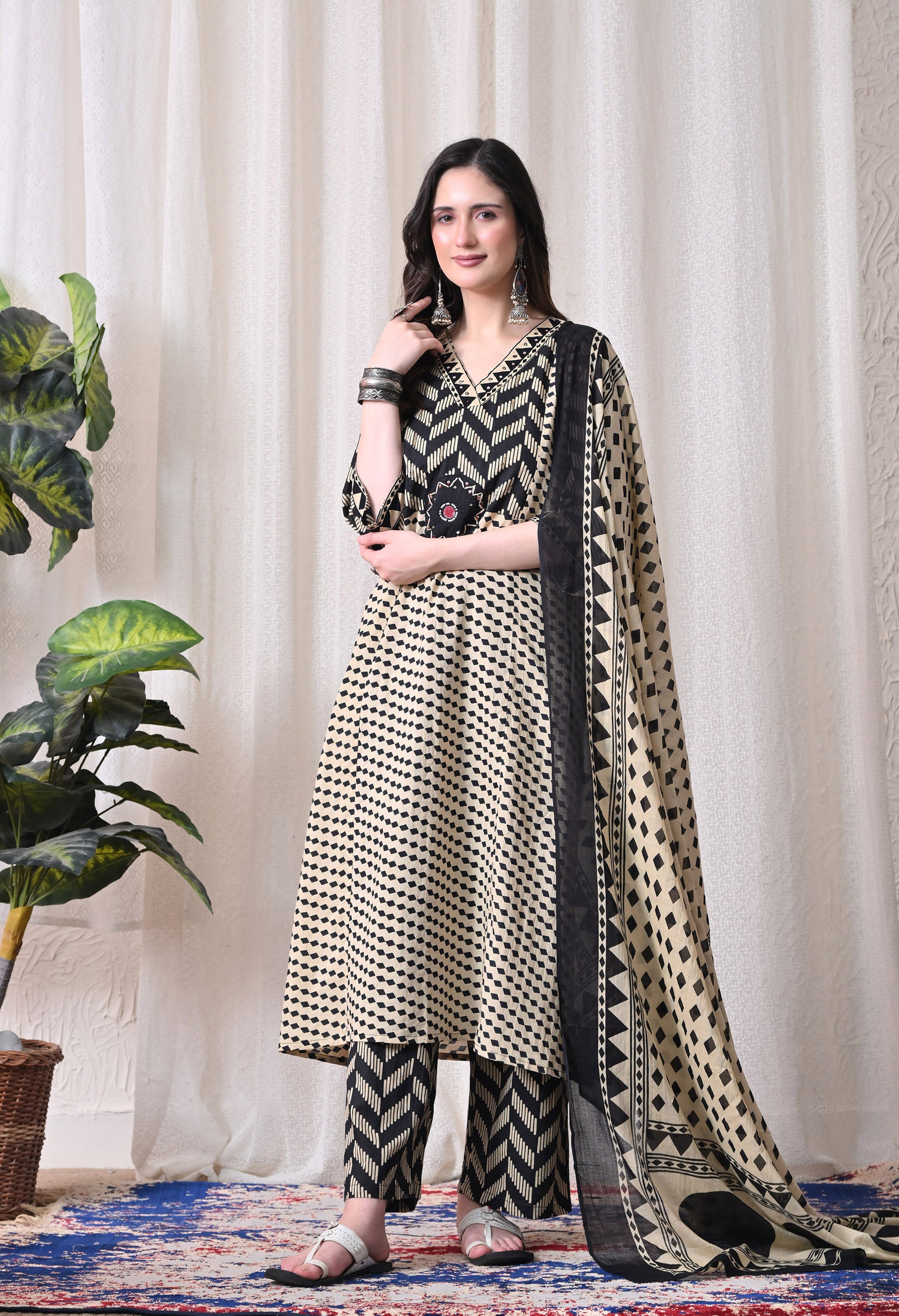MEERA FAB Women Printed Regular Pure Cotton Straight Embroidery Kurta with Palazzos & with Dupatta