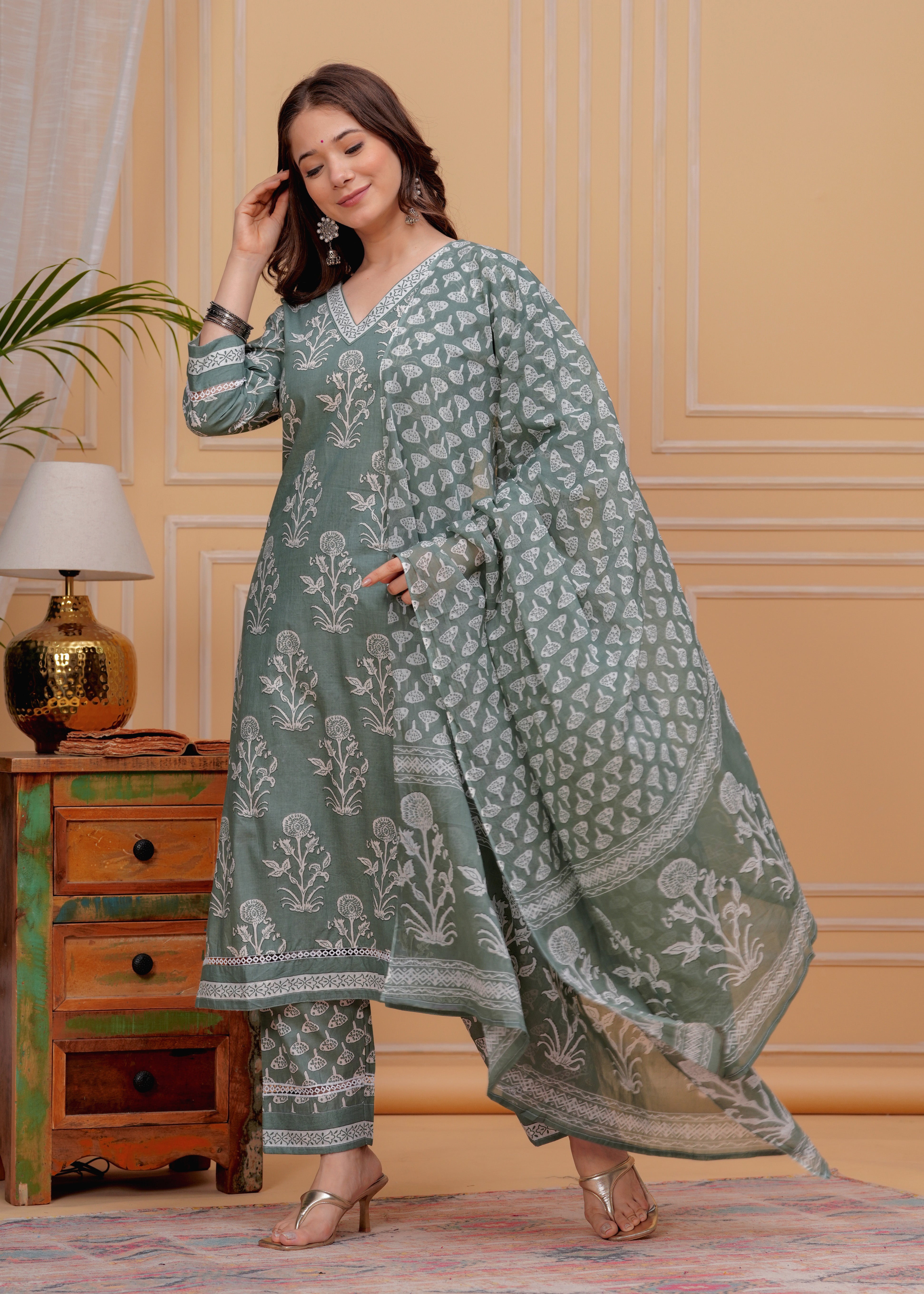 MEERA FAB Women's Cotton Blend Straight Printed Kurta with Palazzo & Dupatta