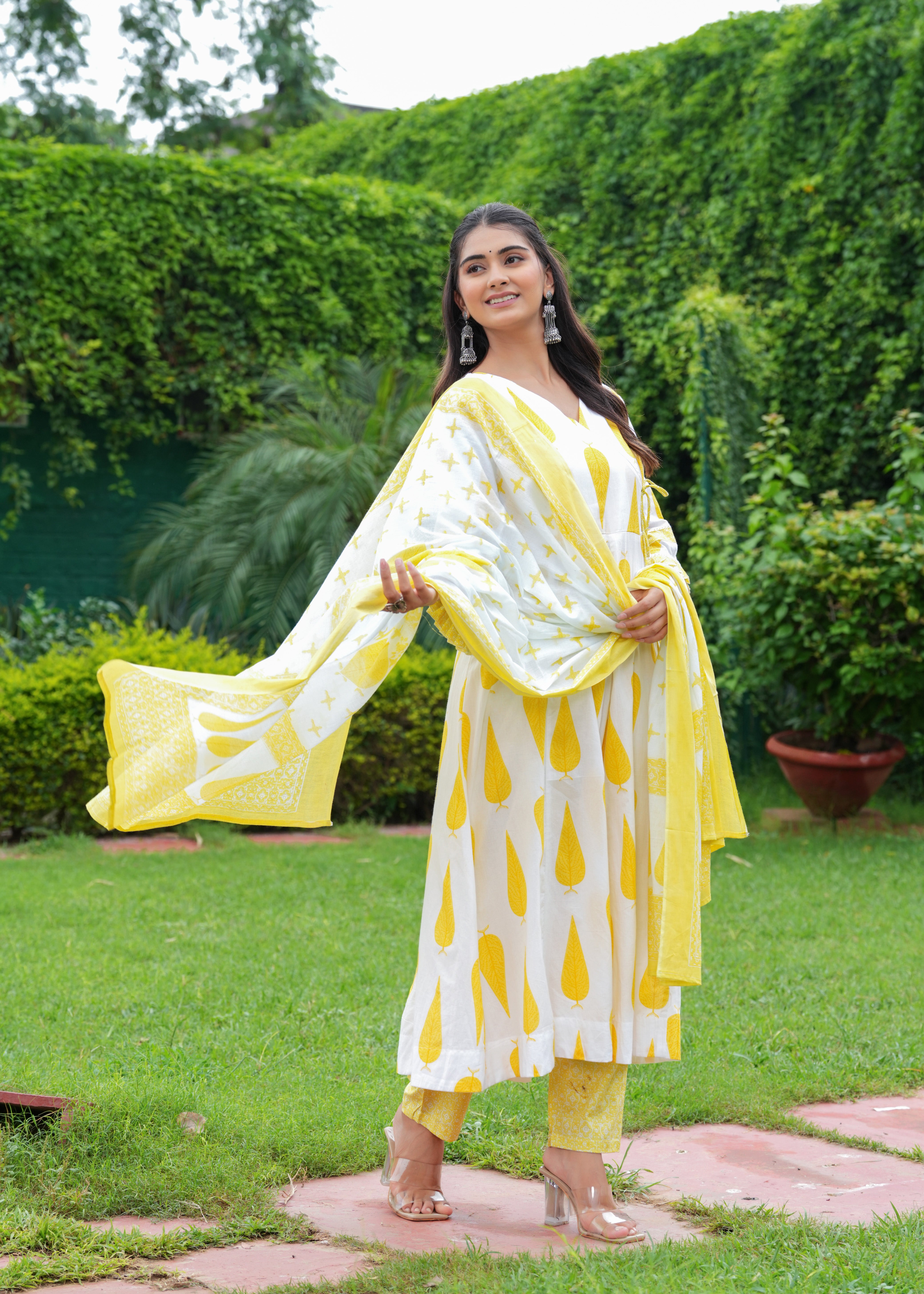 MEERA FAB Women's Cotton Blend Anarkali Printed Kurta with Palazzo & Dupatta