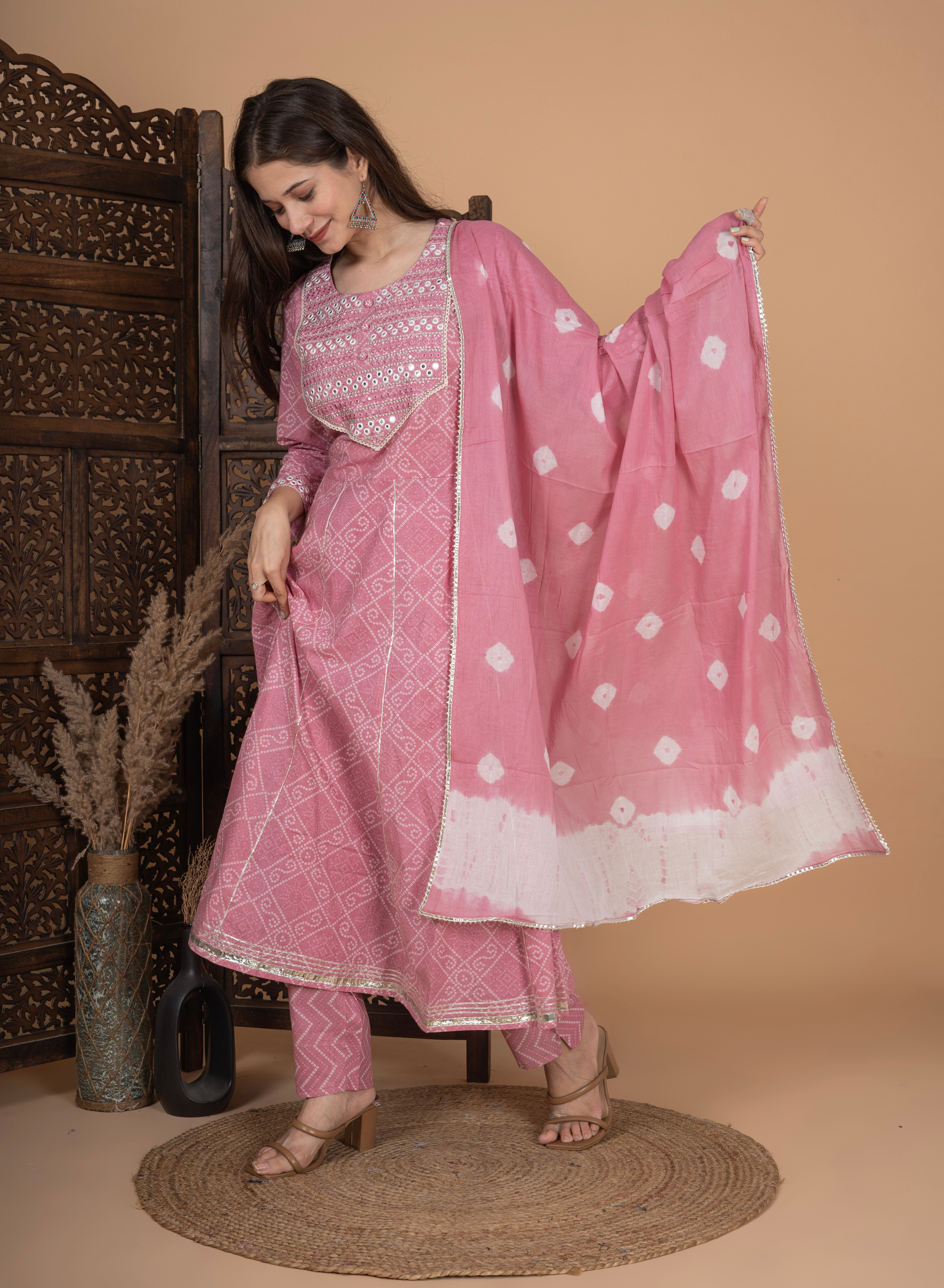 MEERA FAB Women's Cotton Printed Pink Anarkali Kurta with Palazzo & Dupatta Set