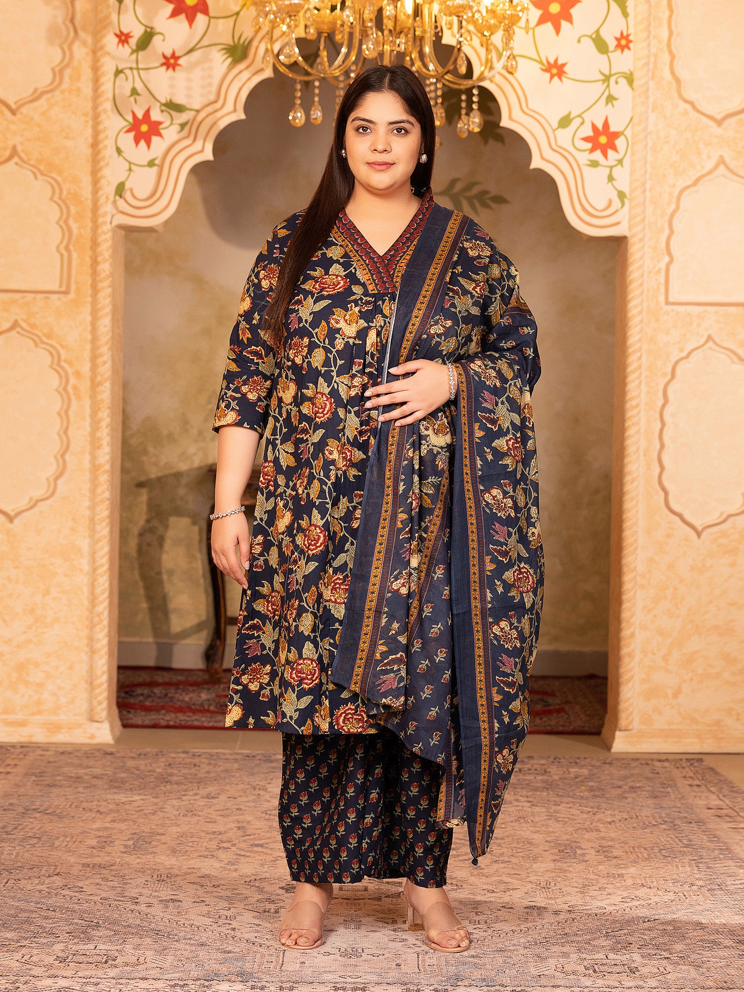 MEERA FAB Women's Cotton Blend V-Neck Plus Size Kurta Printed Kurta with Palazzo & Dupatta Set