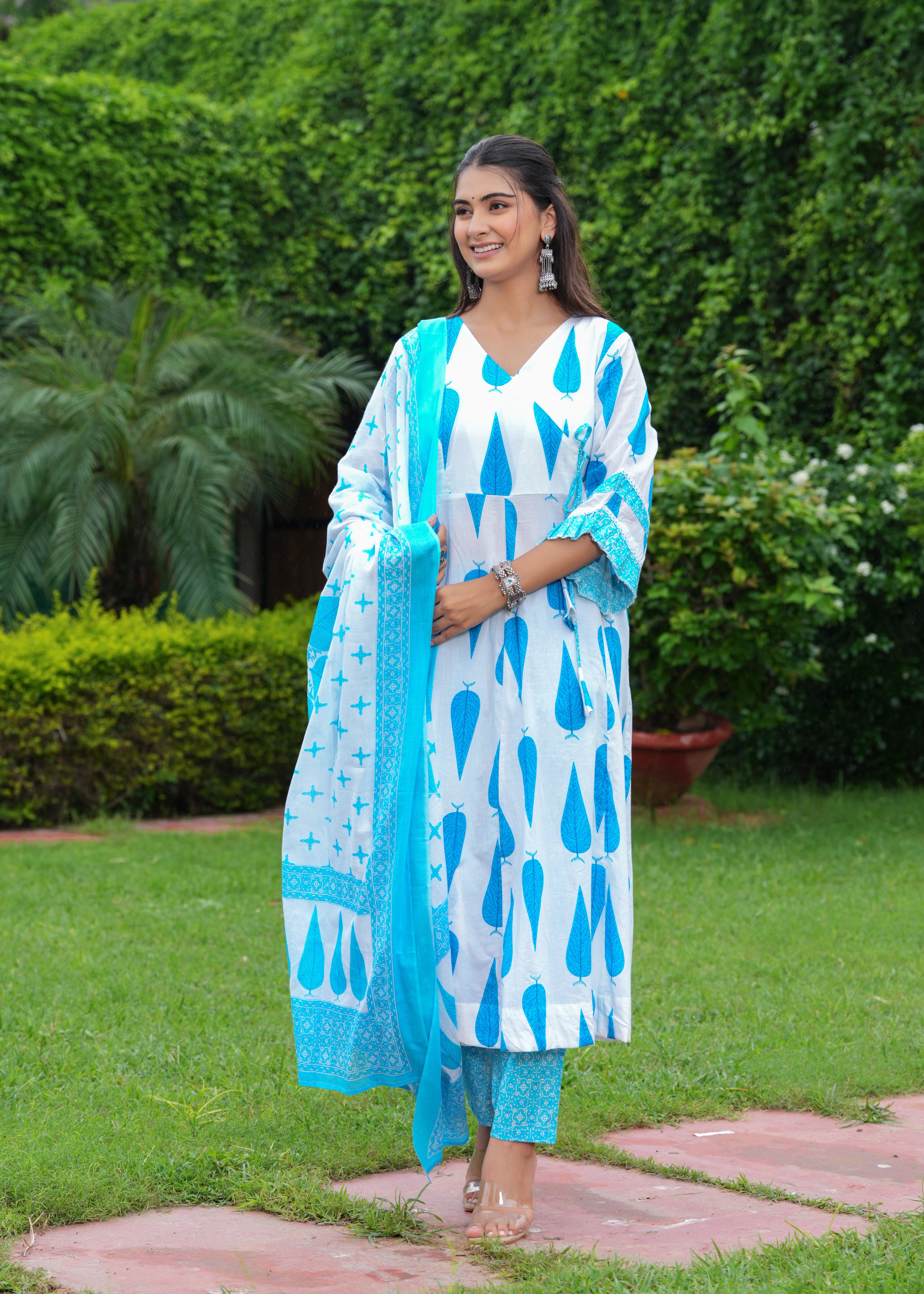 MEERA FAB Women's Cotton Blend Anarkali Printed Kurta with Palazzo & Dupatta