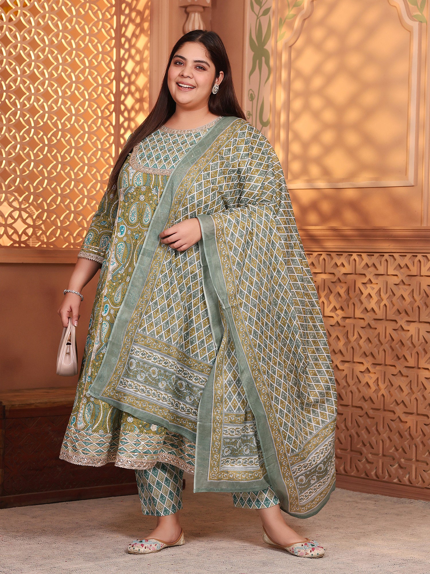 MEERA FAB Plus Size Printed Pure Cotton Anarkali Handwork Kurta with Palazzos & Dupatta