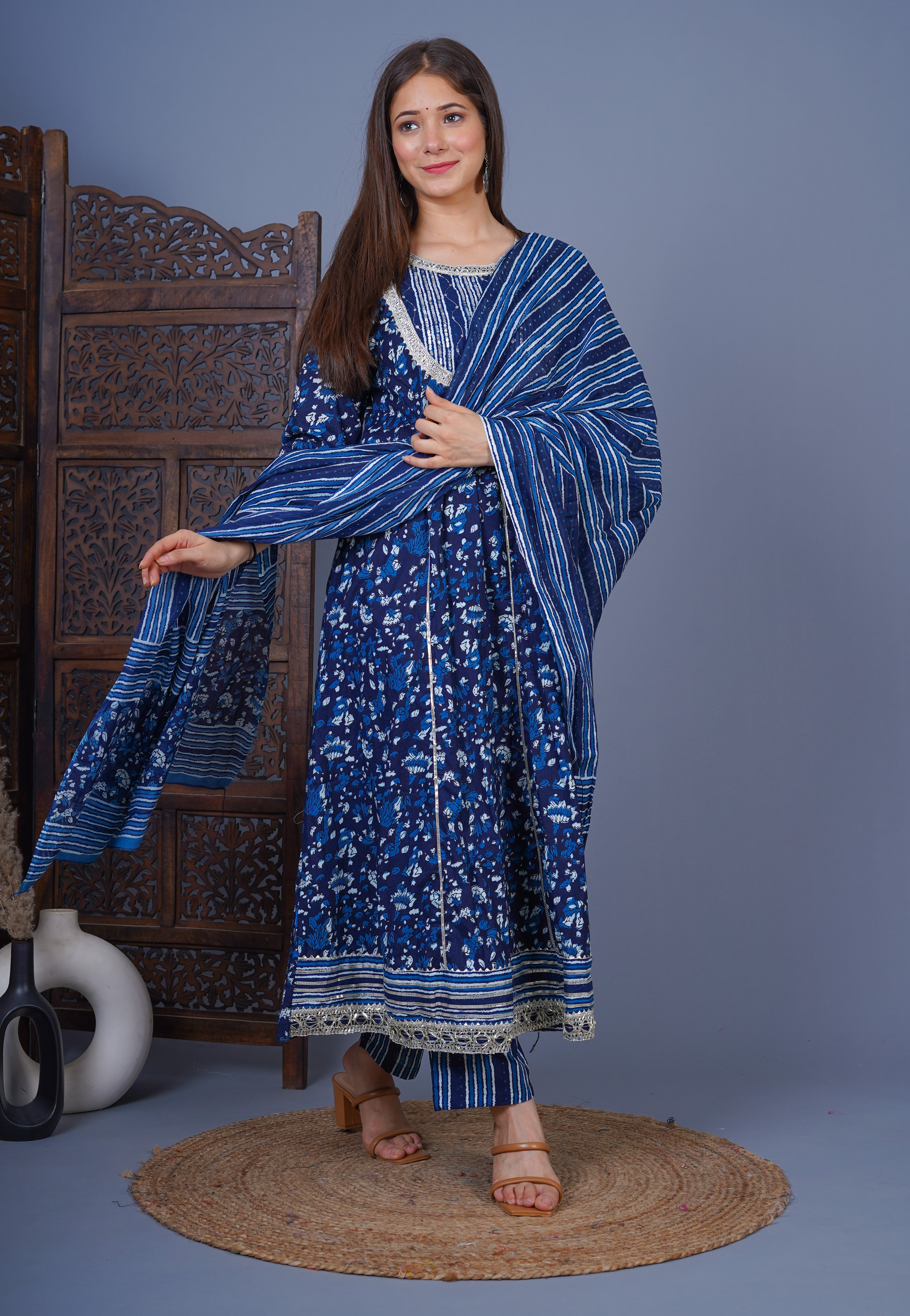 MEERA FAB Women's Cotton Floral Printed Blue Anarkali Kurta with Palazzo & Dupatta Set MF-230