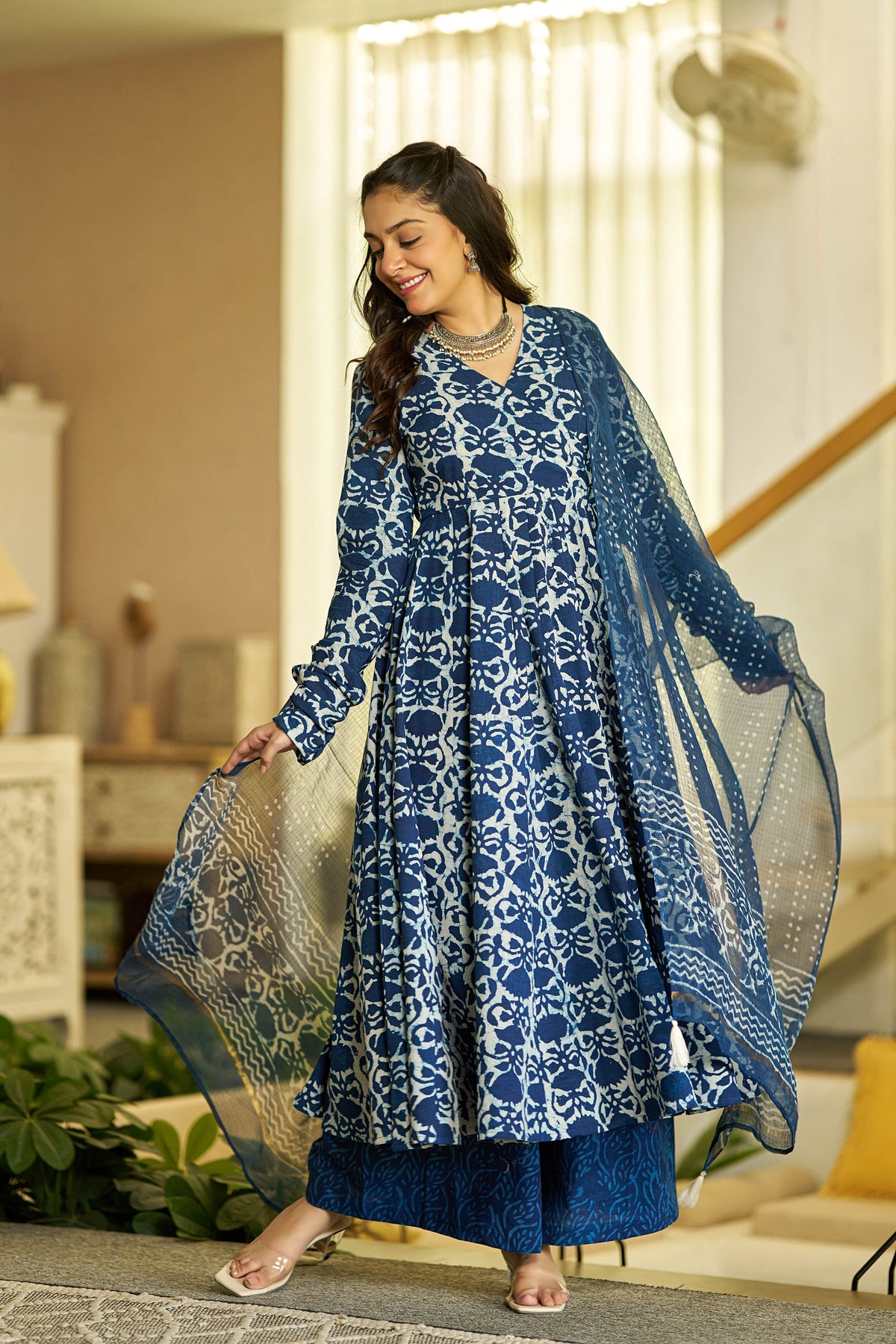 MEERA FAB Women Blue Printed Regular Pure Cotton Anarkali Kurta with Palazzos & with Dupatta