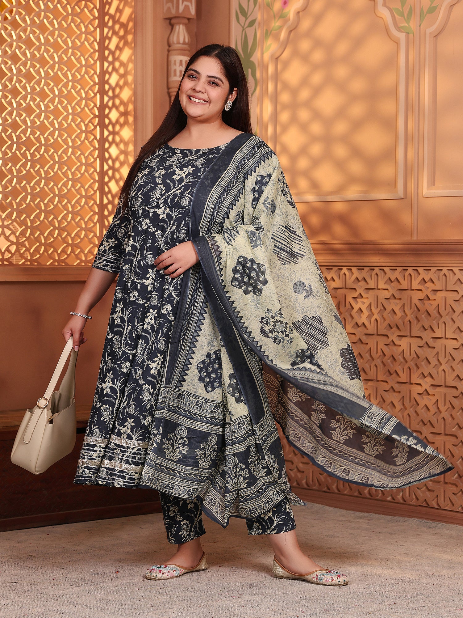 MEERA FAB Plus Size Women's Cotton Printed Anarkali Kurta with Palazzo & Dupatta Set with Dori