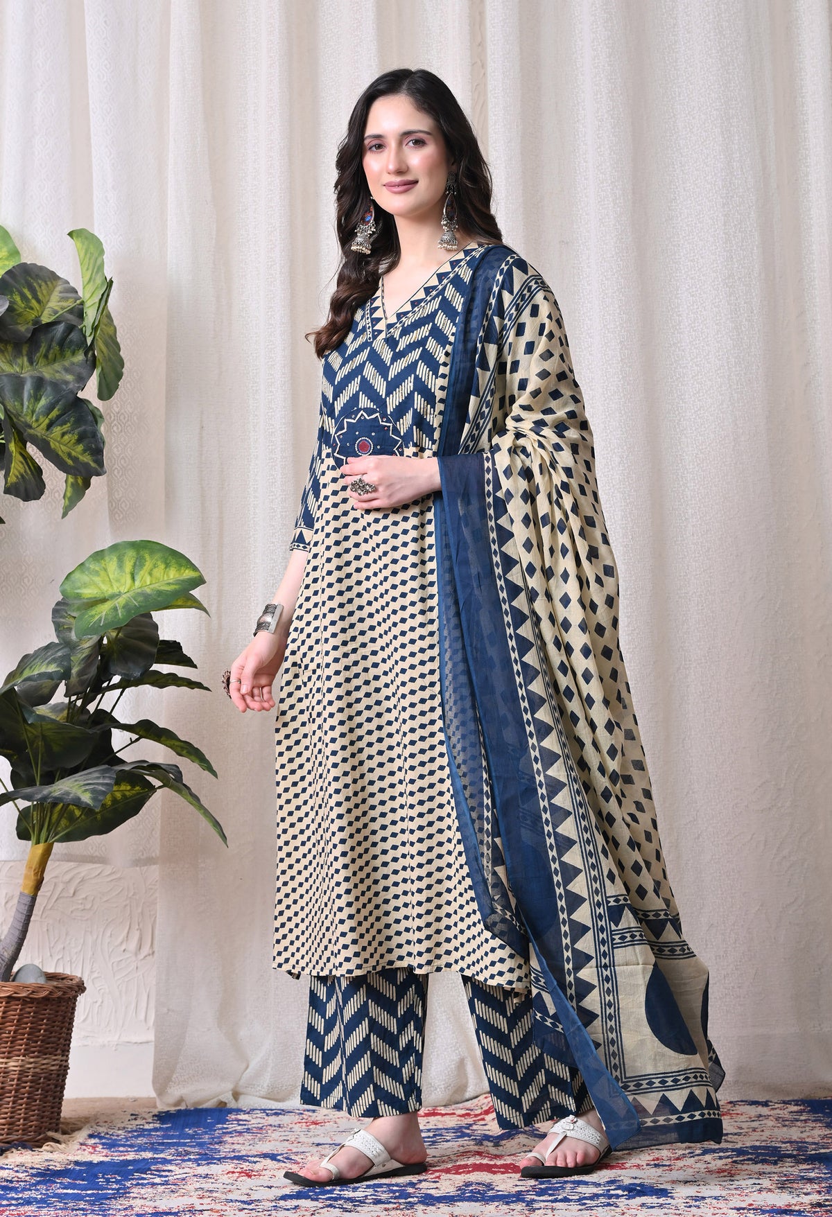 MEERA FAB Women Printed Regular Pure Cotton Straight Embroidery Kurta with Palazzos & with Dupatta