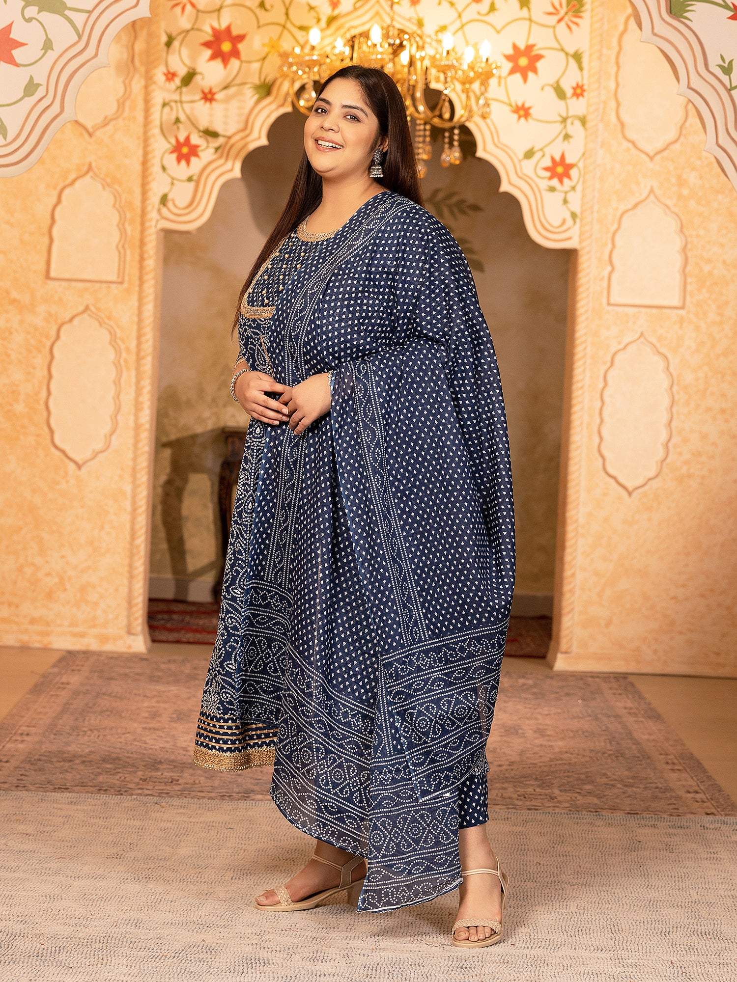 MEERA FAB Plus Size Printed Pure Cotton Anarkali Handwork Kurta with Palazzos & Dupatta