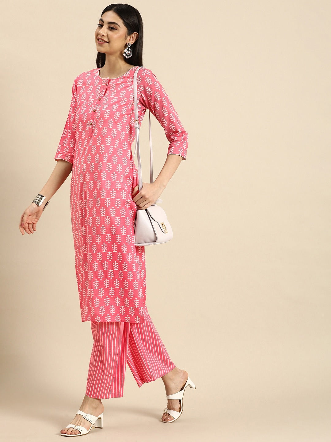 MEERA FAB Women's Cotton Printed Floral Straight Kurta with Palazzo