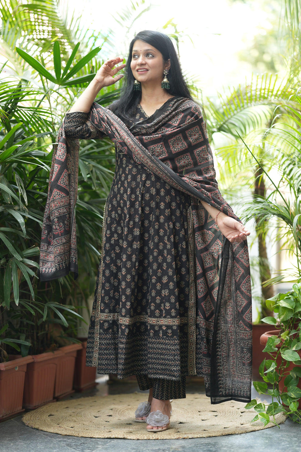 MEERA FAB Women Black Printed Regular Pure Cotton Anarkali Kurta with Palazzos & with Dupatta