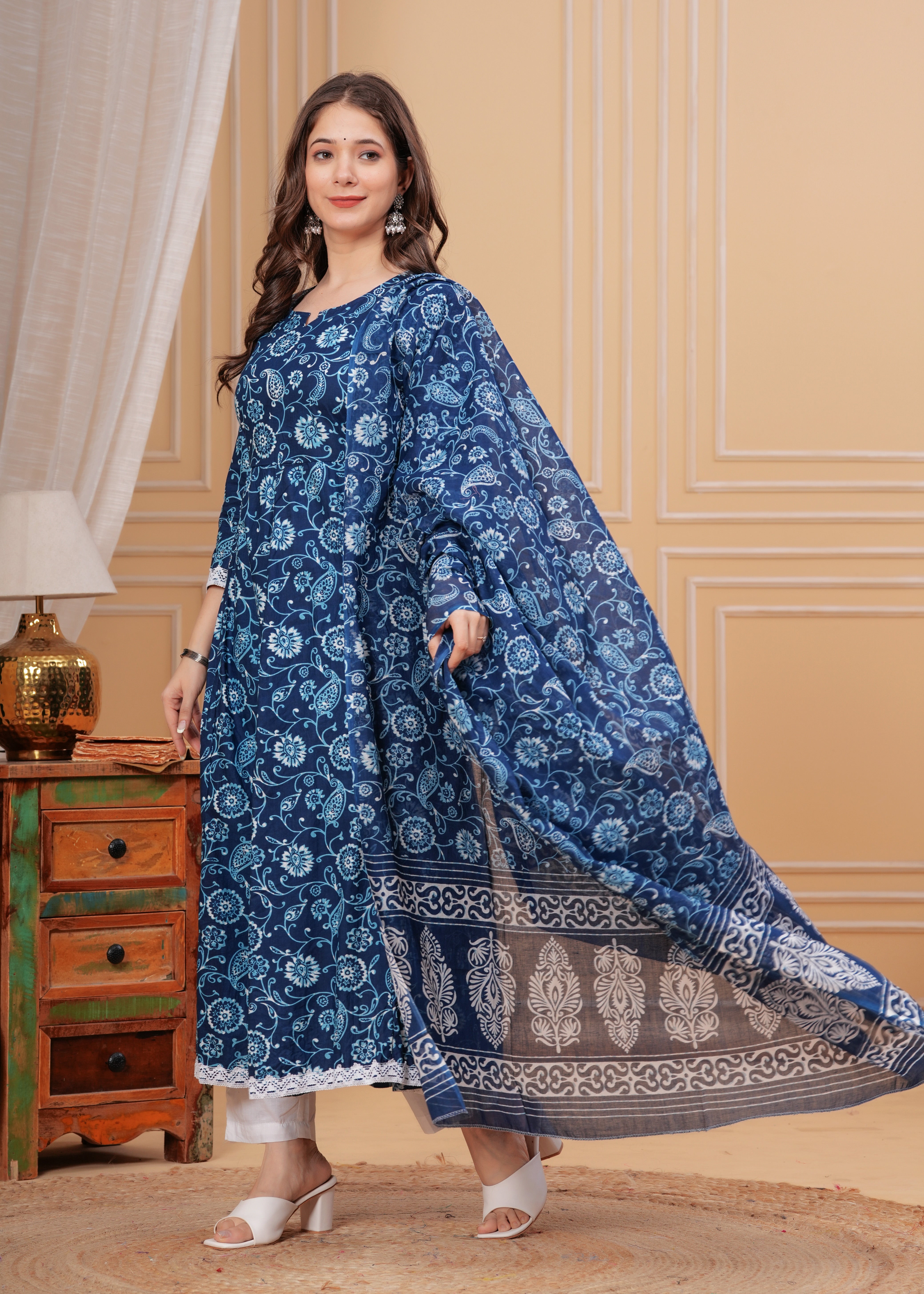 MEERA FAB Women's Cotton Printed Anarkali Kurta with Palazzo & Dupatta Set