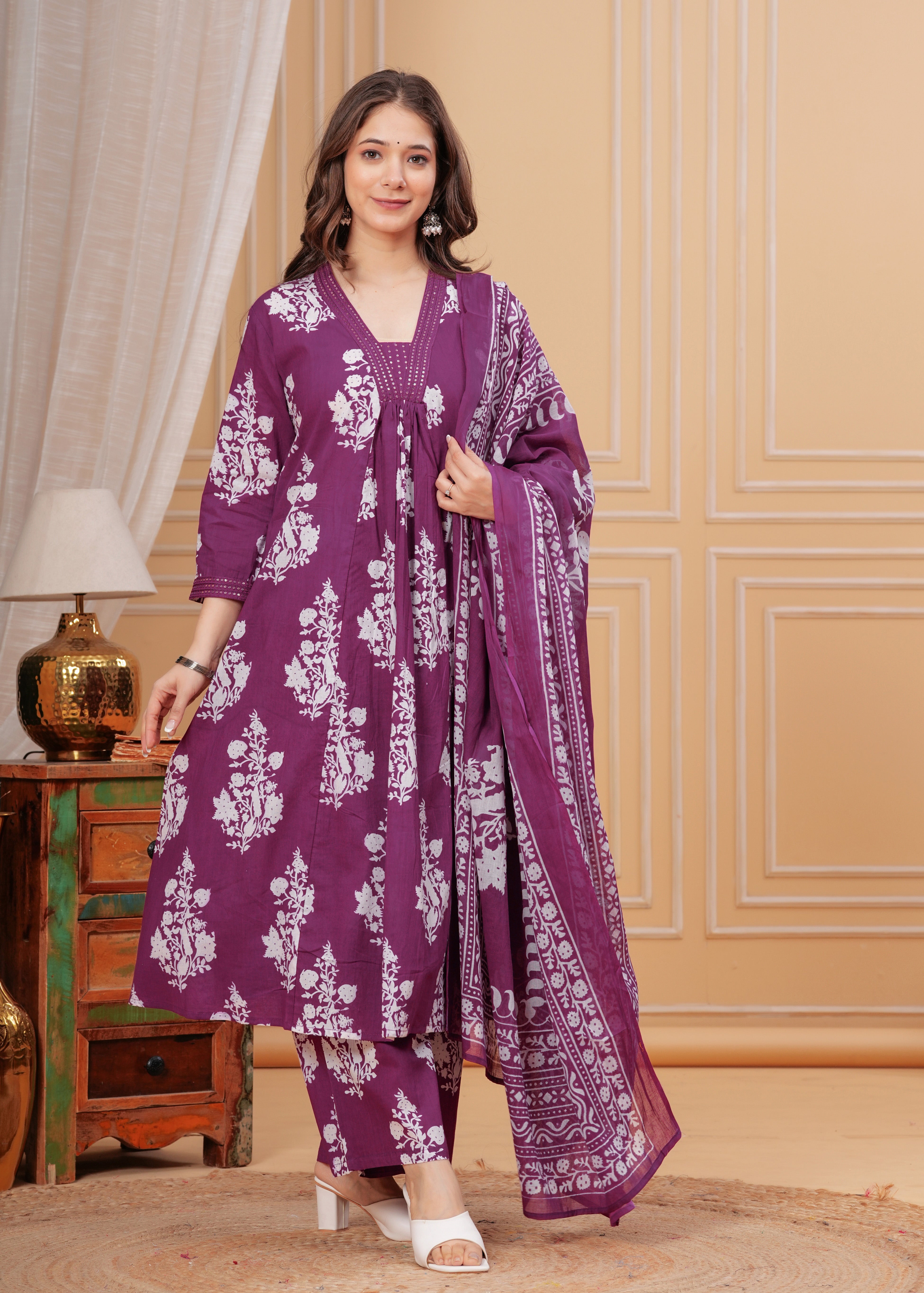 MEERA FAB Women's Cotton Blend V-Neck Anarkali Embrodriery Kurta with Palazzo & Dupatta