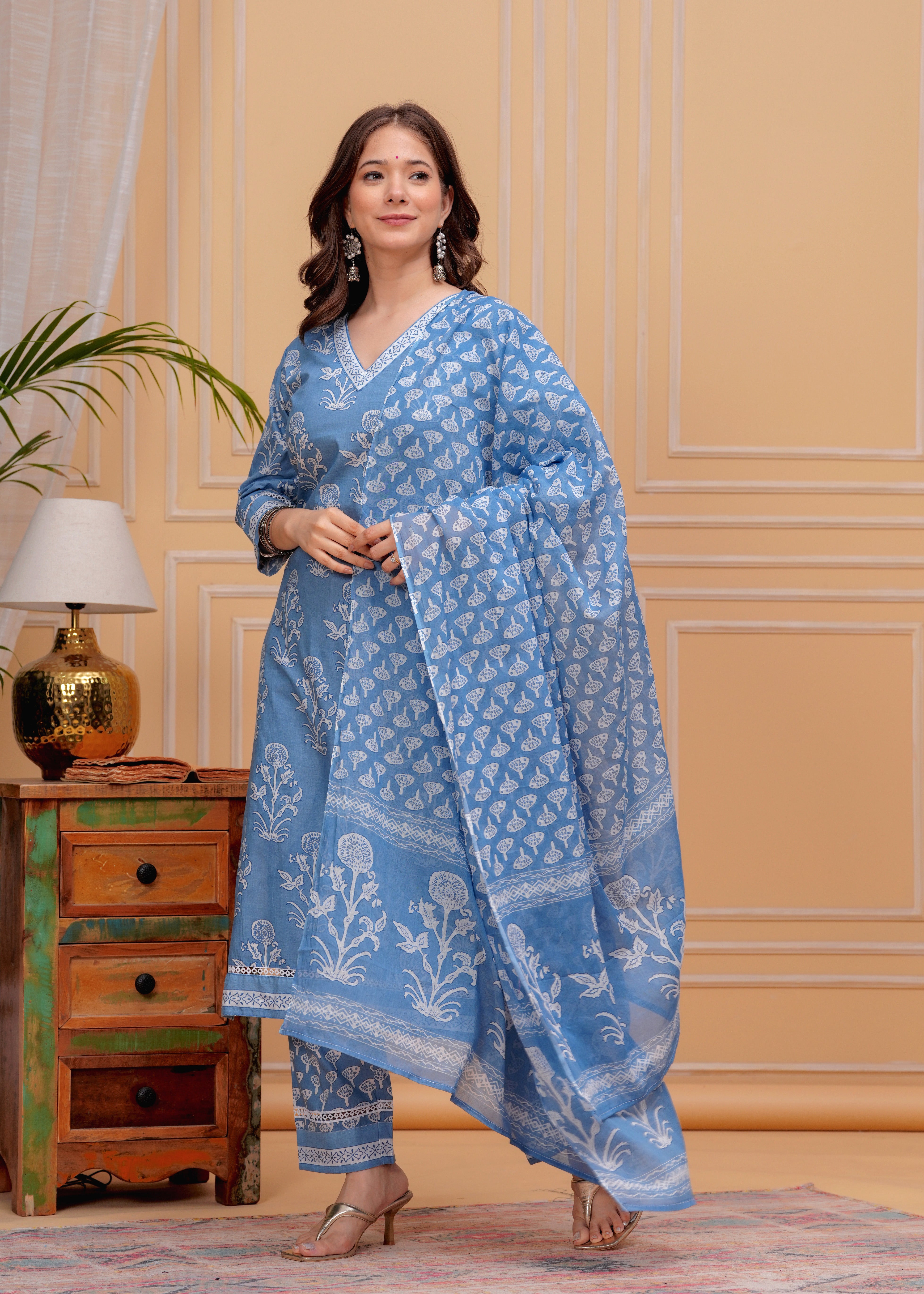 MEERA FAB Women's Cotton Blend Straight Printed Kurta with Palazzo & Dupatta