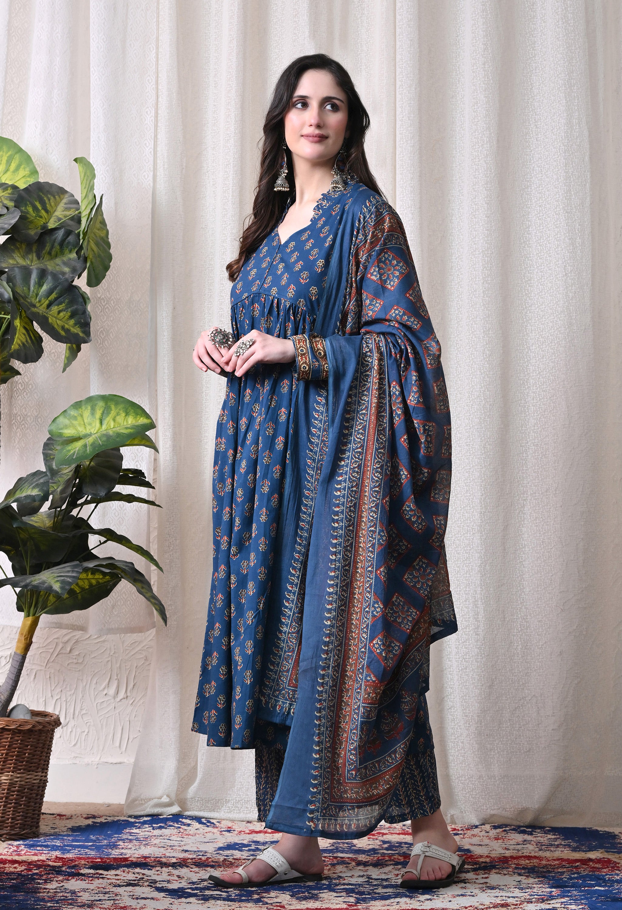 MEERA FAB Women Printed Regular Pure Cotton Anarkali Kurta with Palazzos & with Dupatta