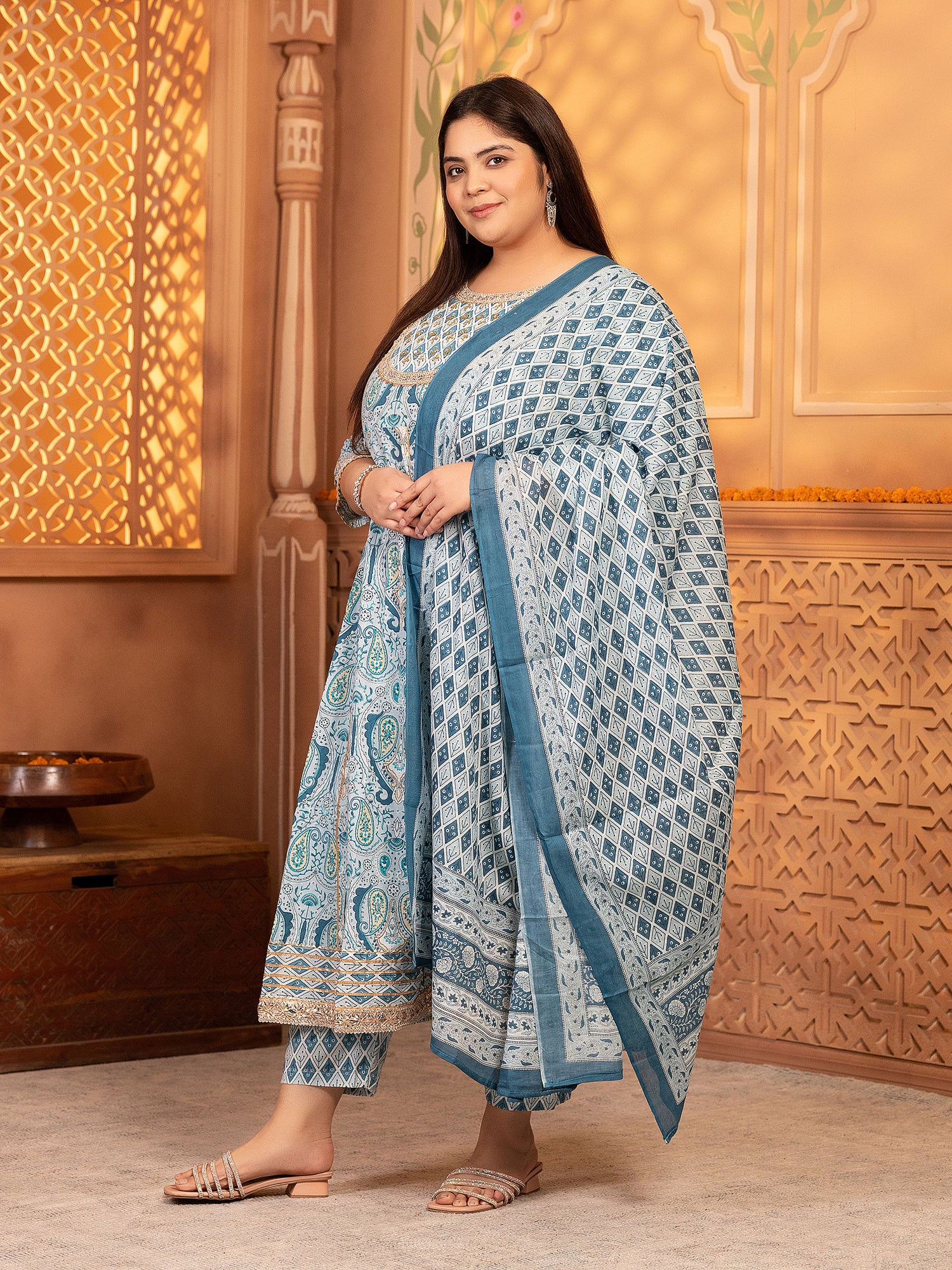 MEERA FAB Women's Pure Cotton Printed Anarkali Handwork Kurta with Palazzos & Dupatta