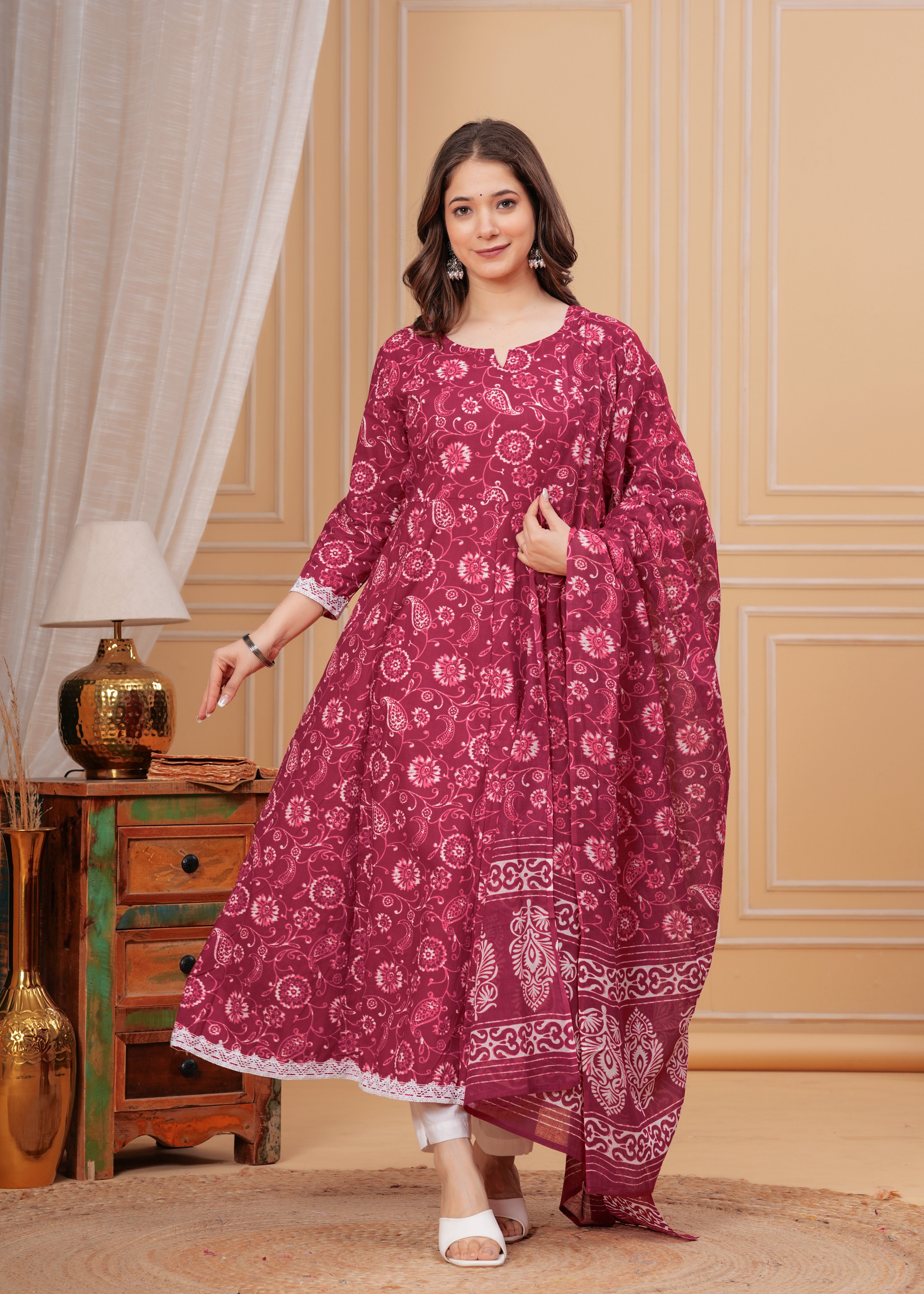 MEERA FAB Women's Cotton Printed Anarkali Kurta with Palazzo & Dupatta Set