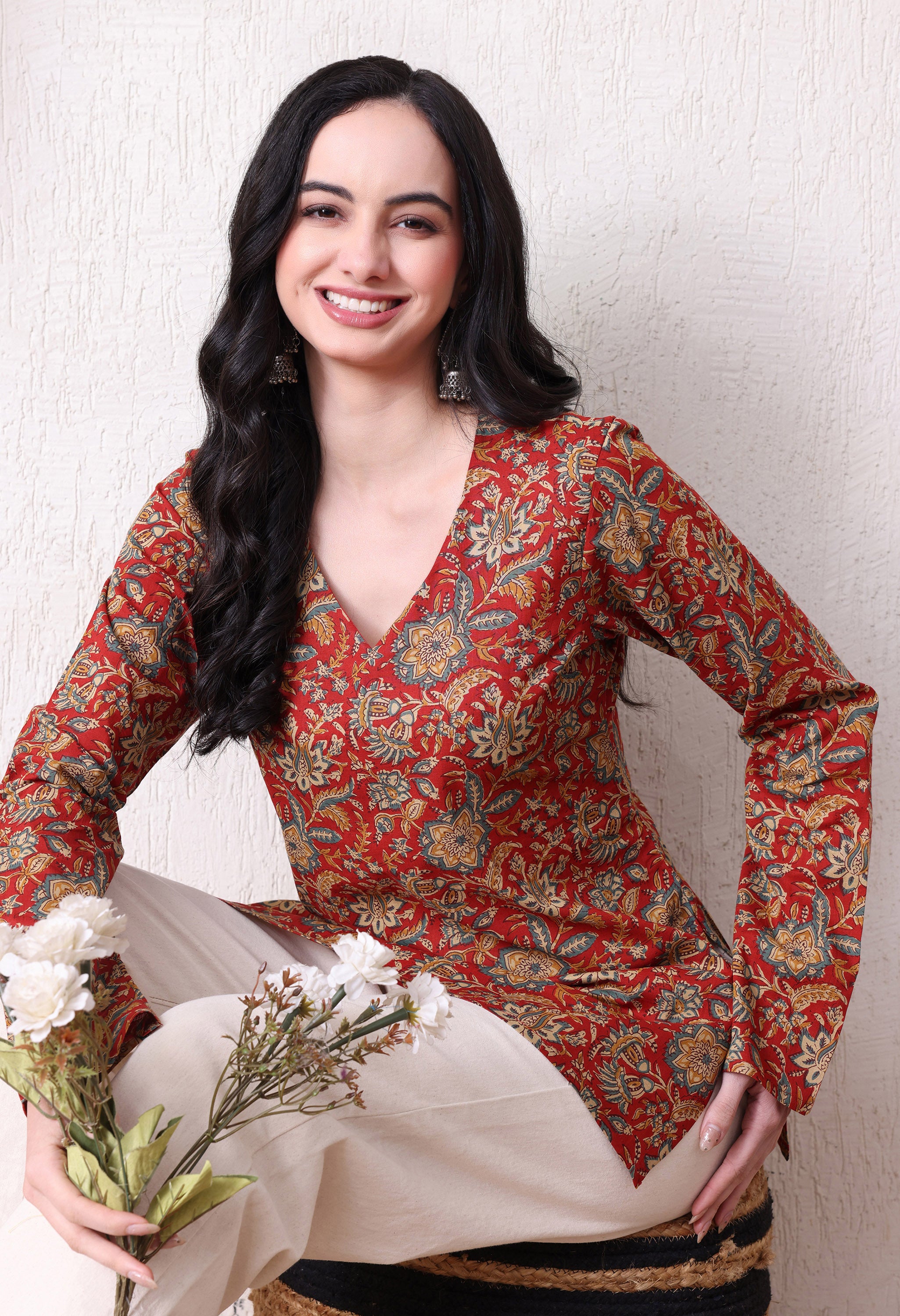 MEERA FAB Women's Floral Printed Cotton Short Kurta | Floral Printed Kurta with Full Sleeves | Short Kurti for Women