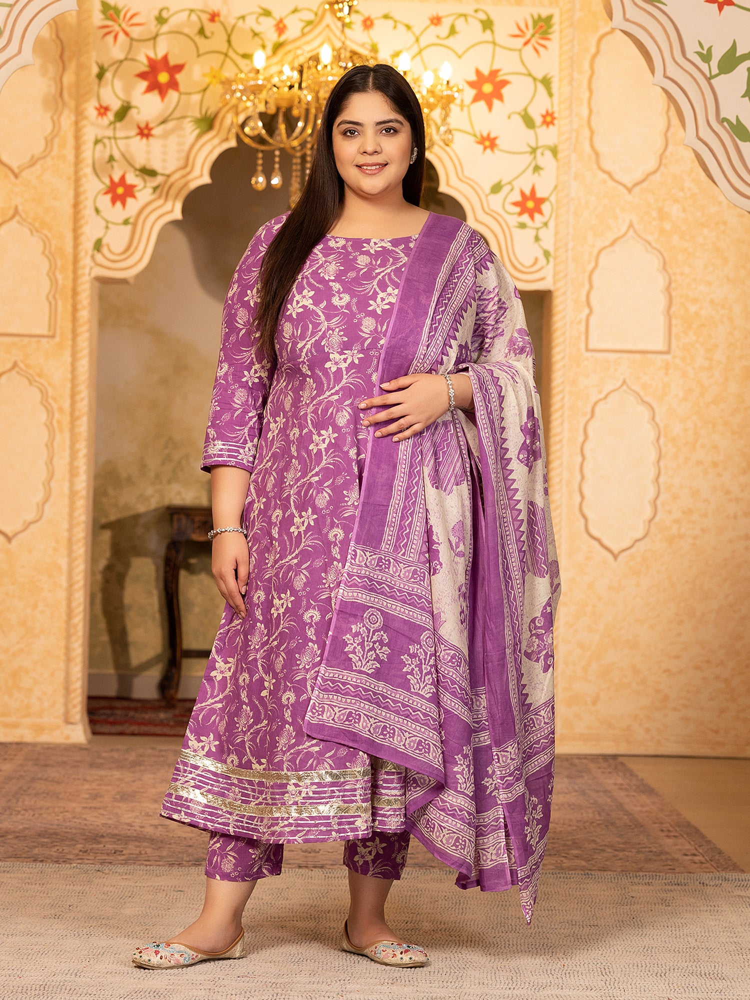 MEERA FAB Plus Size Women's Cotton Printed Anarkali Kurta with Palazzo & Dupatta Set with Dori