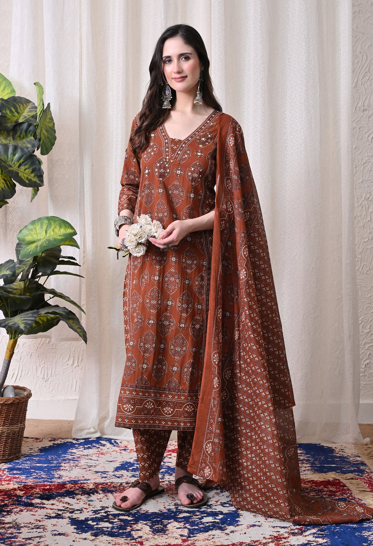MEERA FAB Women Printed Regular Pure Cotton Straight Kurta with Palazzos & with Dupatta