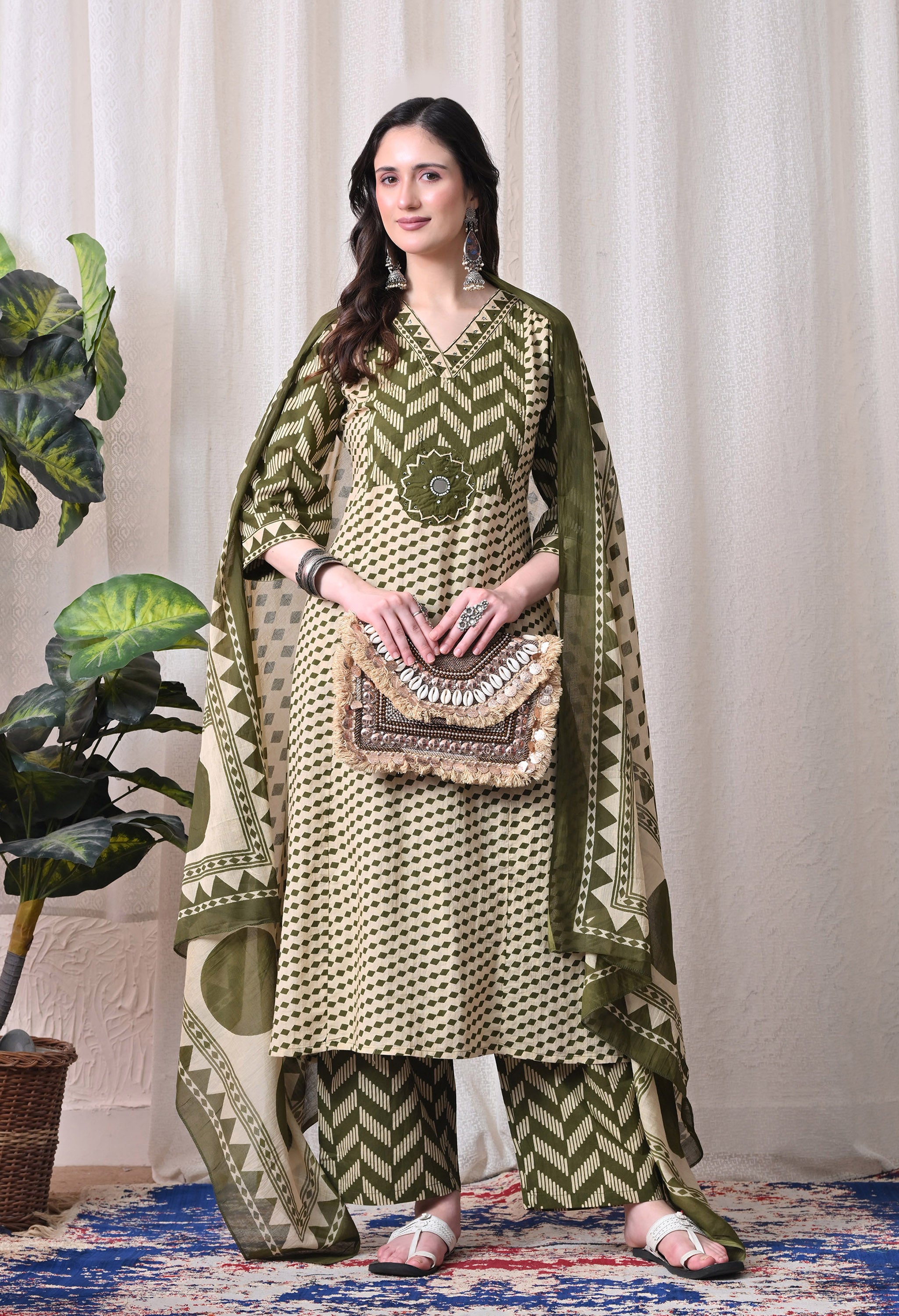 MEERA FAB Women Printed Regular Pure Cotton Straight Embroidery Kurta with Palazzos & with Dupatta