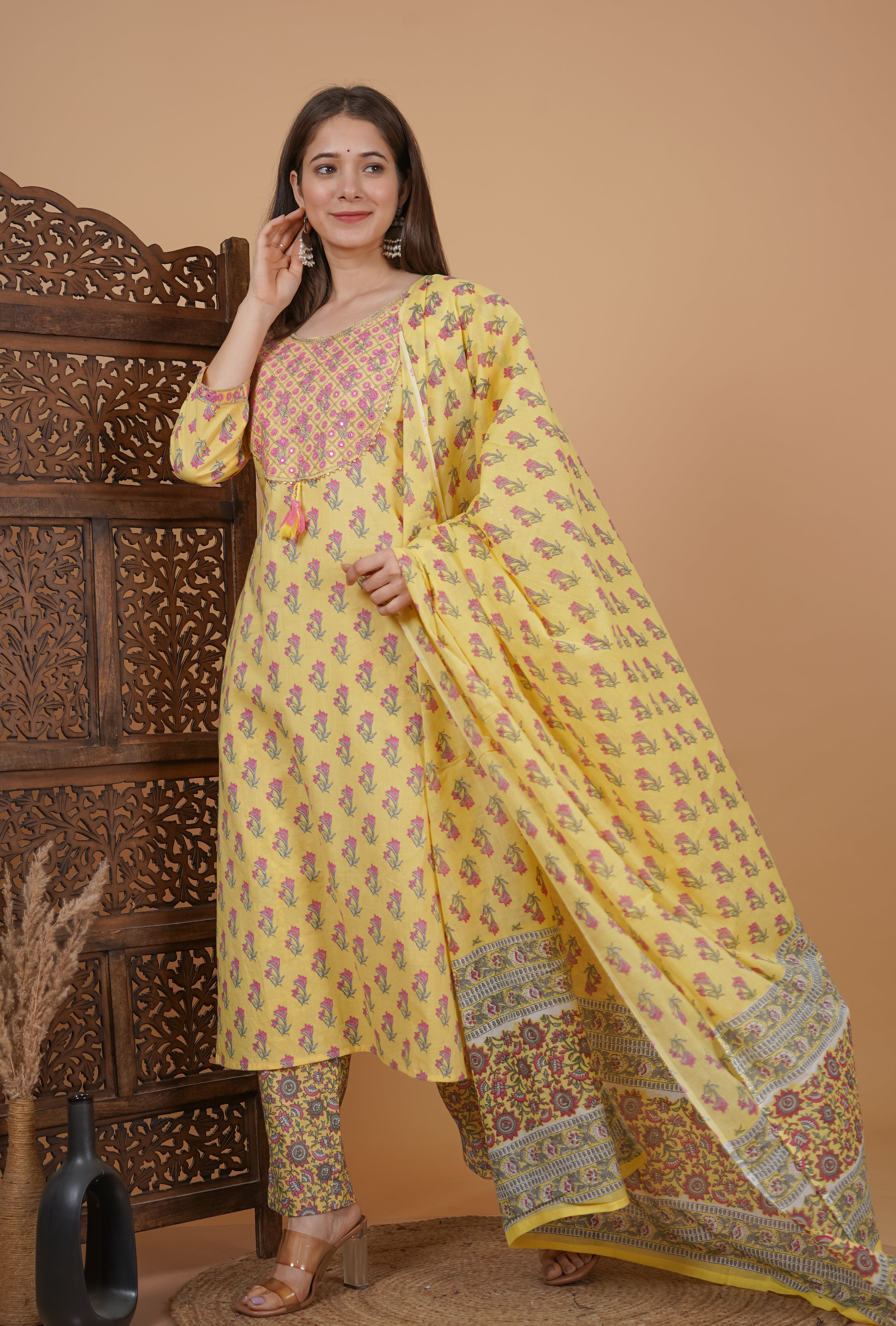 MEERA FAB Women's Cotton Printed Straight Embroidery Kurta with Palazzo & Dupatta Set