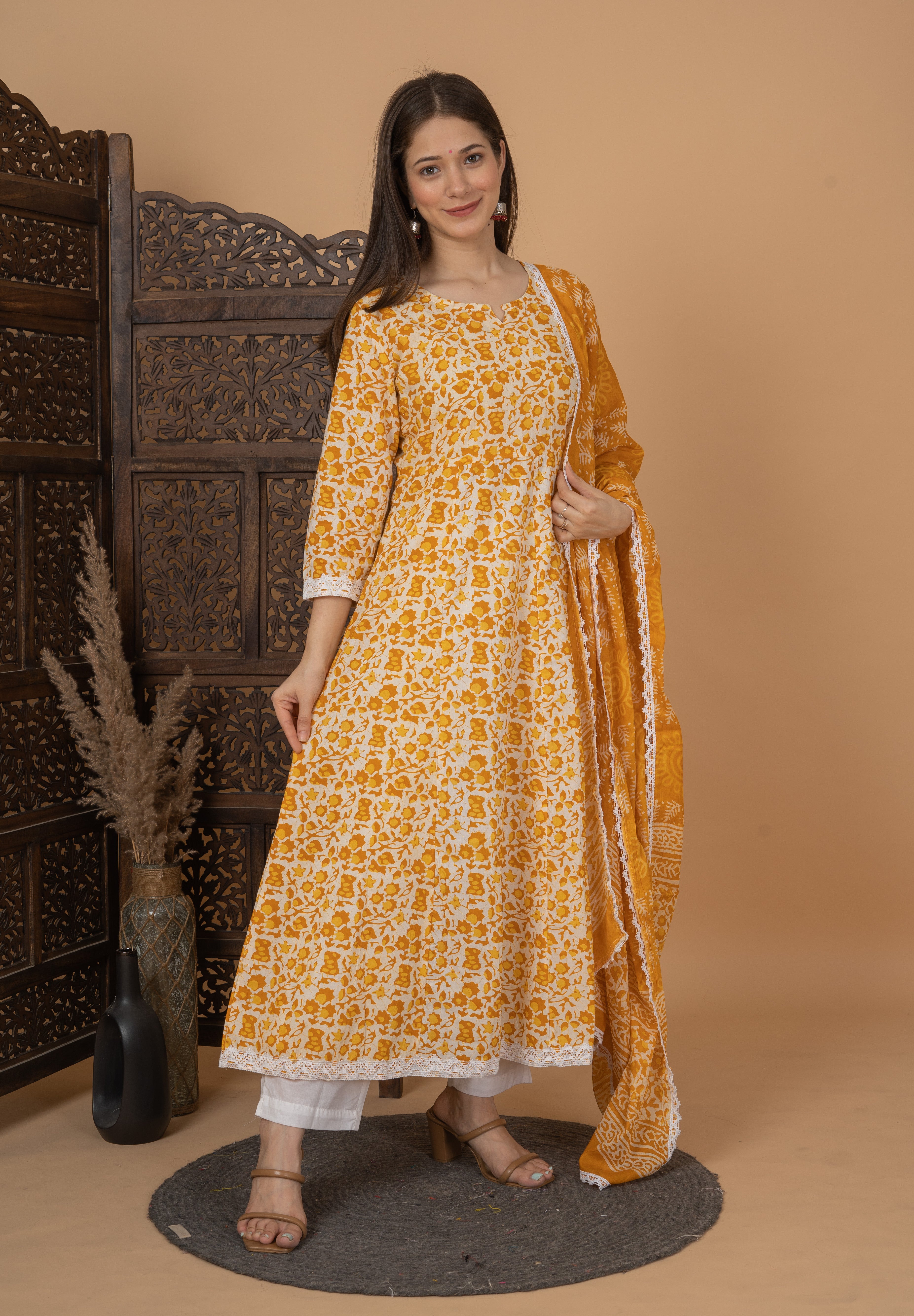 MEERA FAB Women's Cotton Printed Anarkali Kurta with Palazzo & Dupatta Set