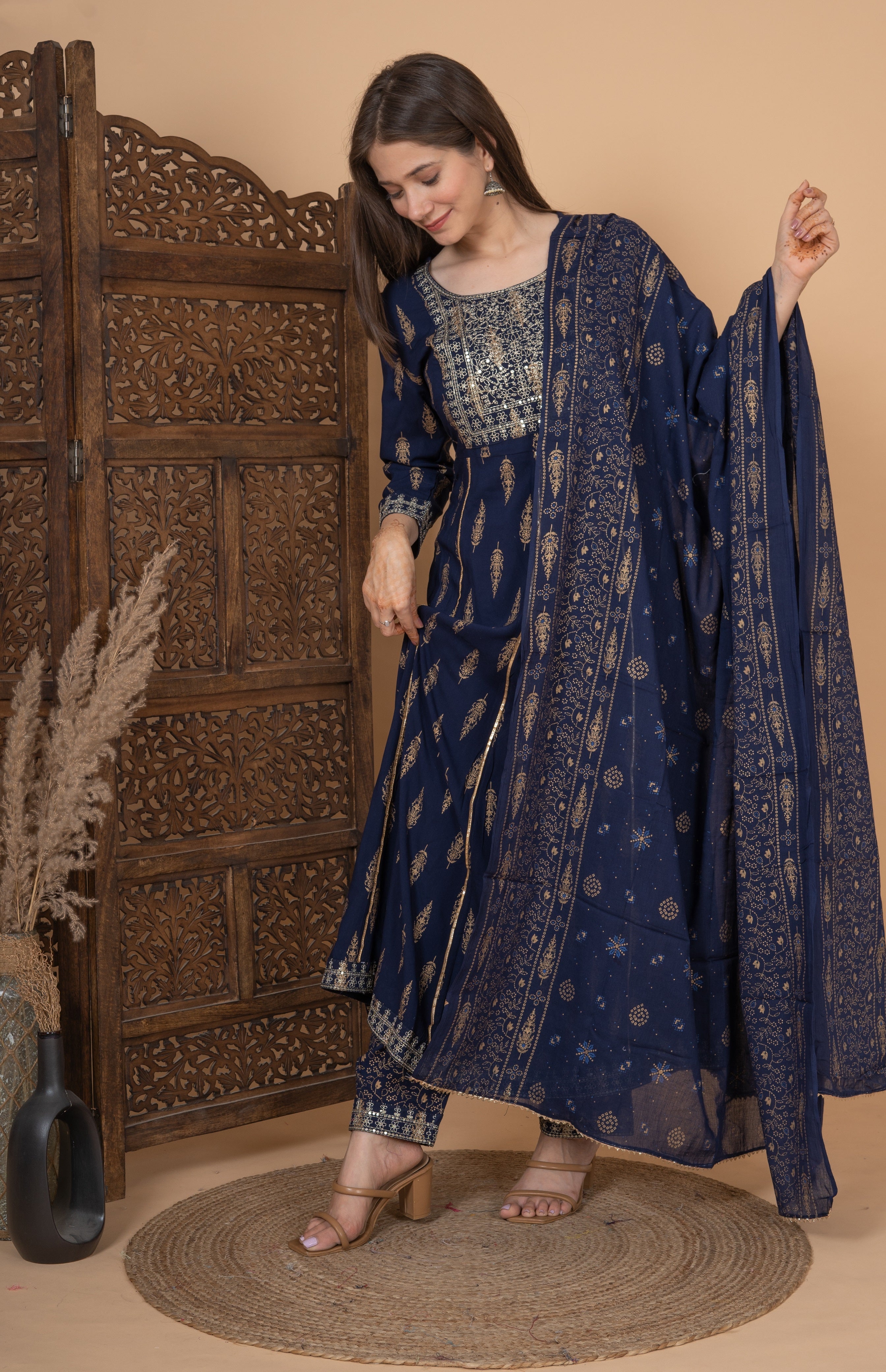 MEERA FAB Women's Rayon Printed Blue Anarkali Kurta with Palazzo & Dupatta Set