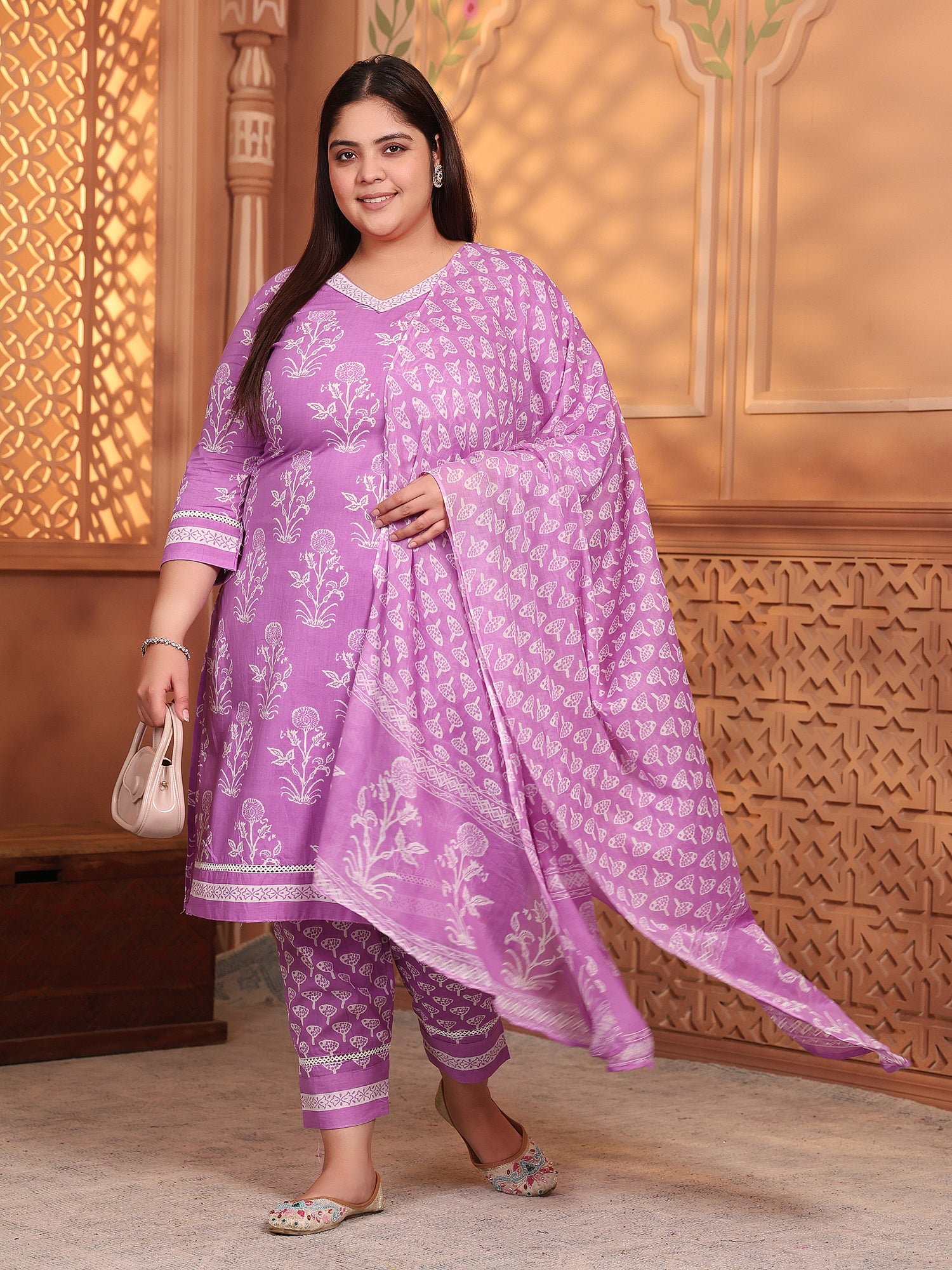 MEERA FAB Plus Size Women's Cotton Blend Straight Printed Kurta with Palazzo & Dupatta