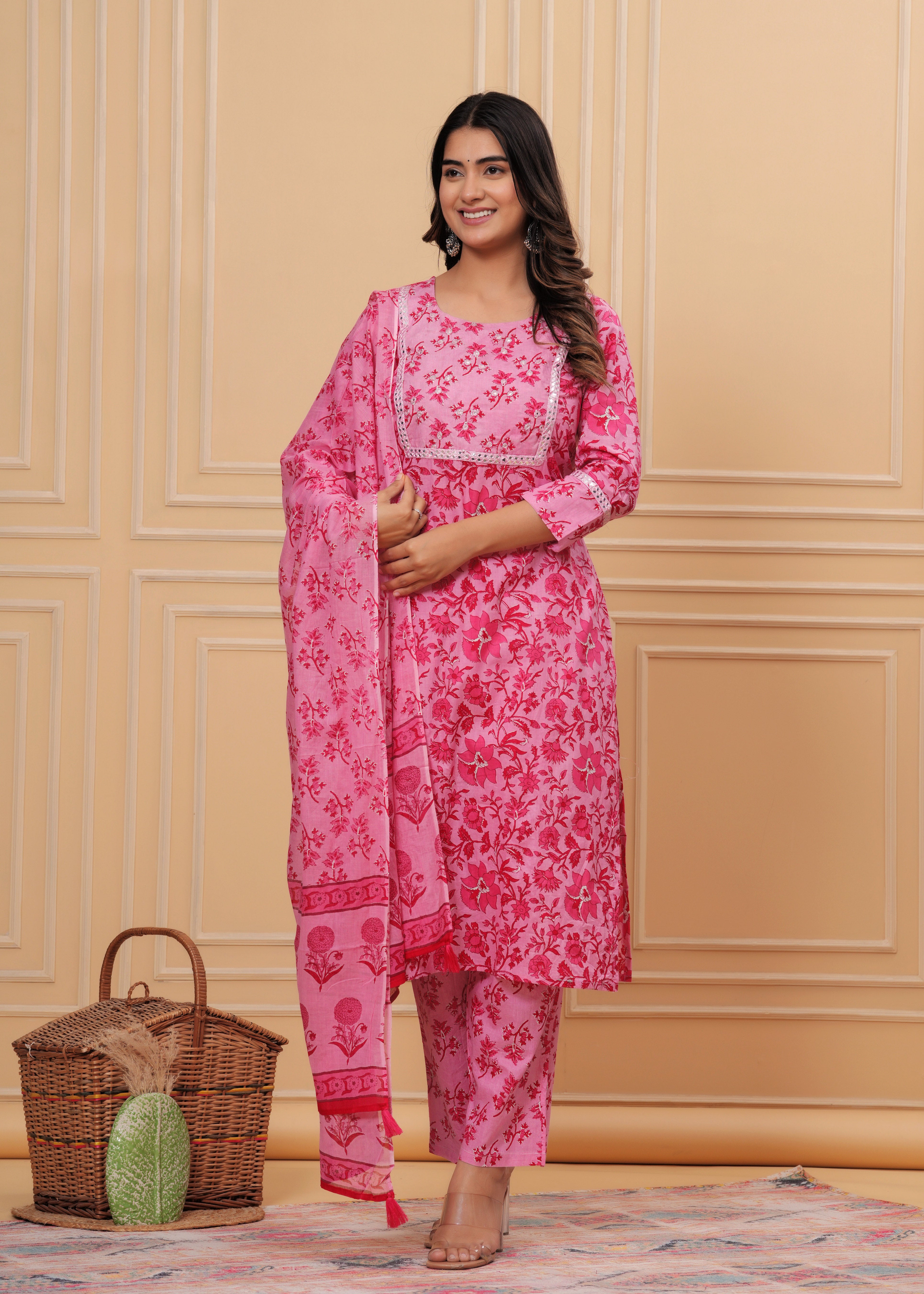 MEERA FAB Women's Cotton Printed Straight Kurta with Palazzo & Dupatta Set with Yoke
