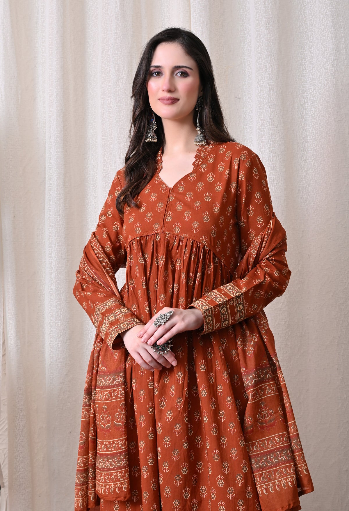 MEERA FAB Women Printed Regular Pure Cotton Anarkali Kurta with Palazzos & with Dupatta