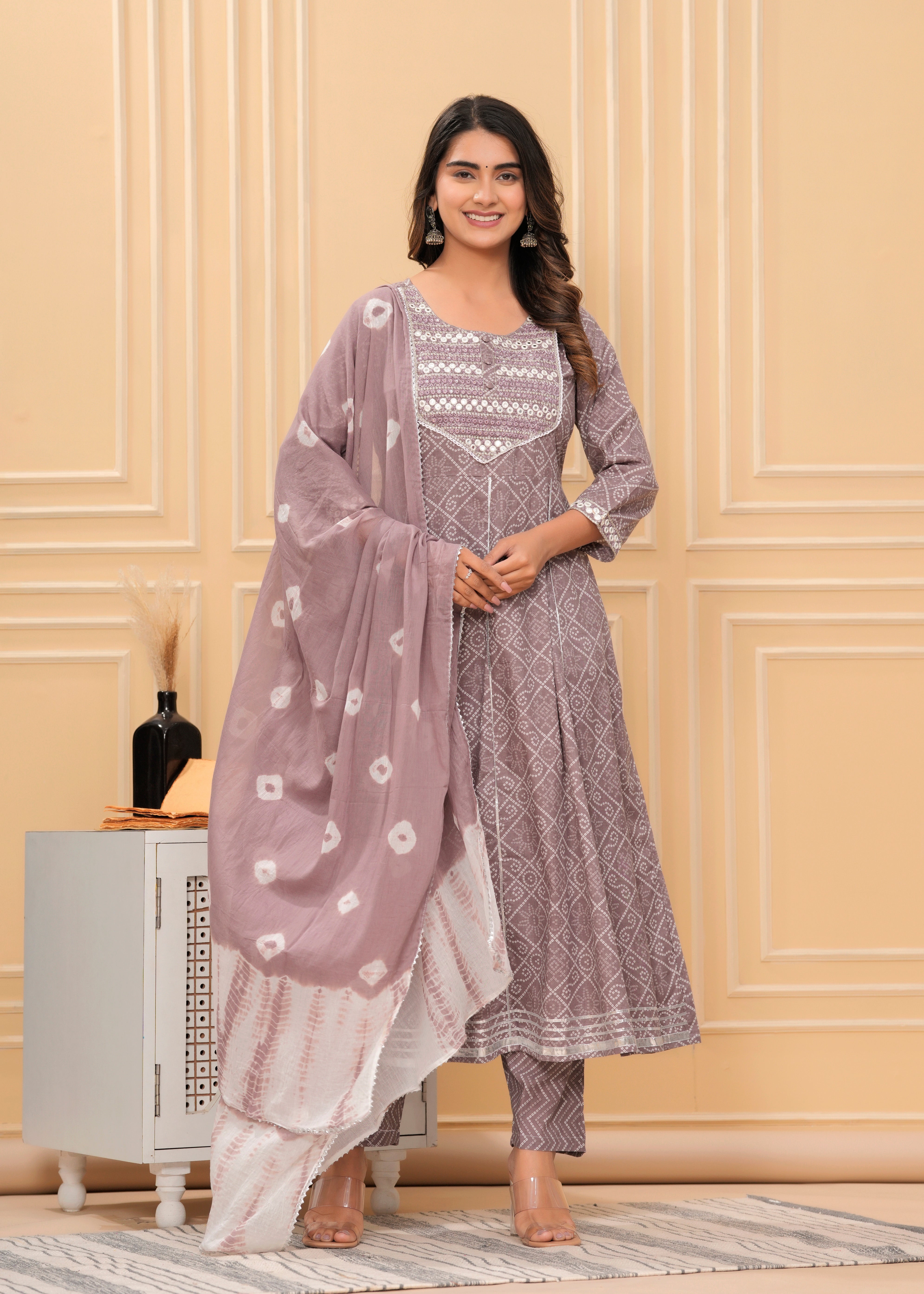 MEERA FAB Women's Cotton Printed Pink Anarkali Kurta with Palazzo & Dupatta Set