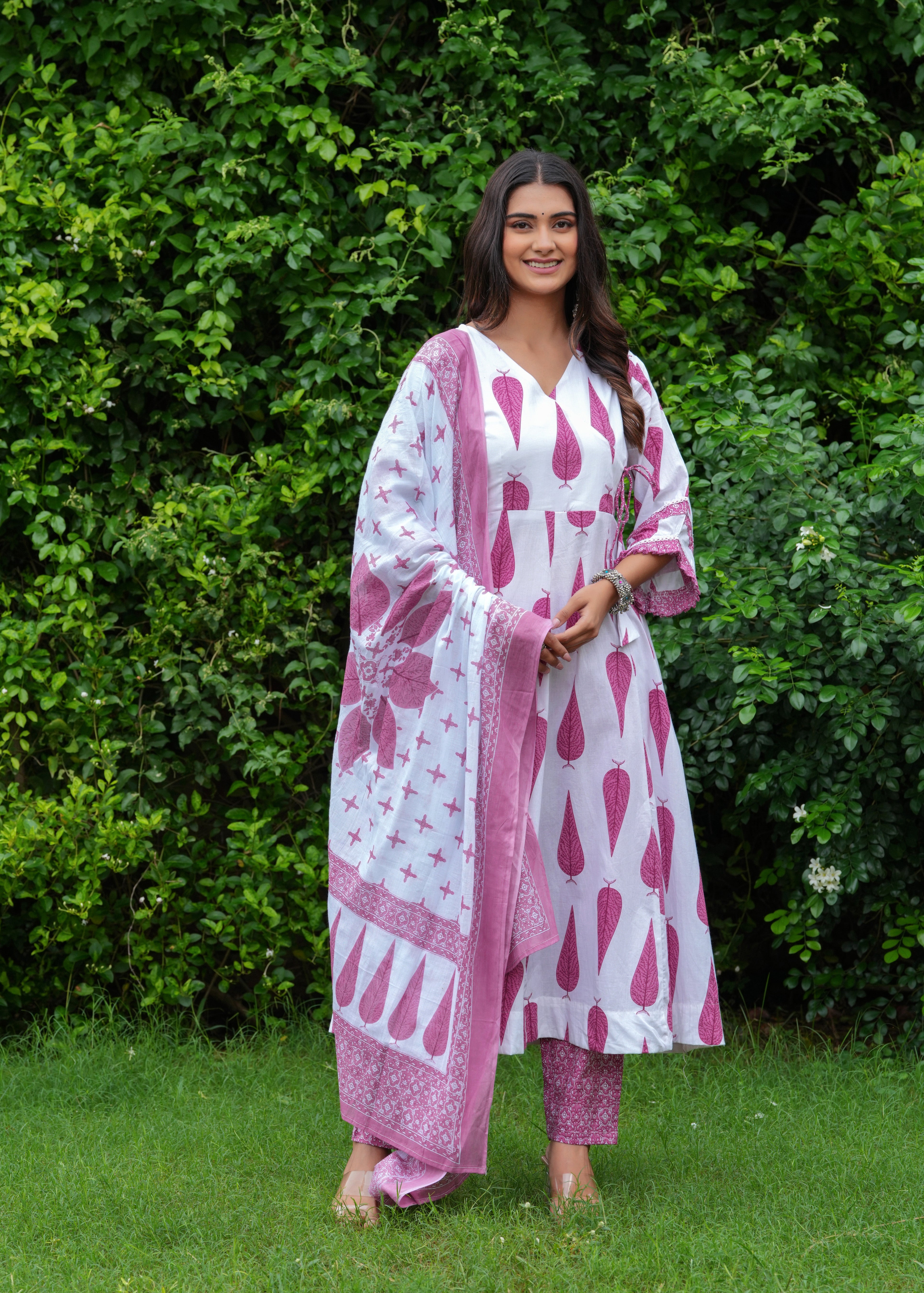 MEERA FAB Women's Cotton Blend Anarkali Printed Kurta with Palazzo & Dupatta