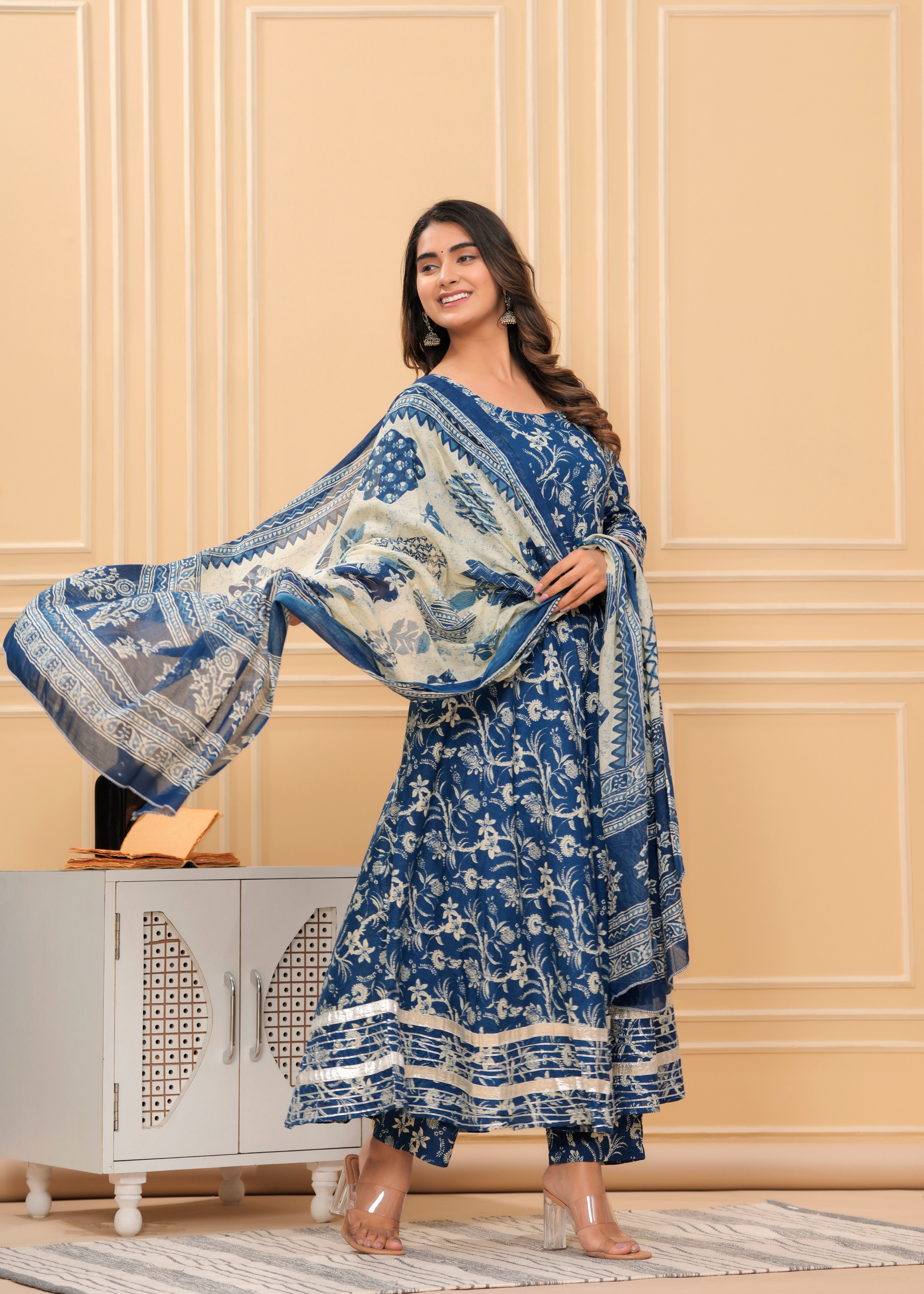 MEERA FAB Women's Cotton Printed Anarkali Kurta with Palazzo & Dupatta Set with Dori