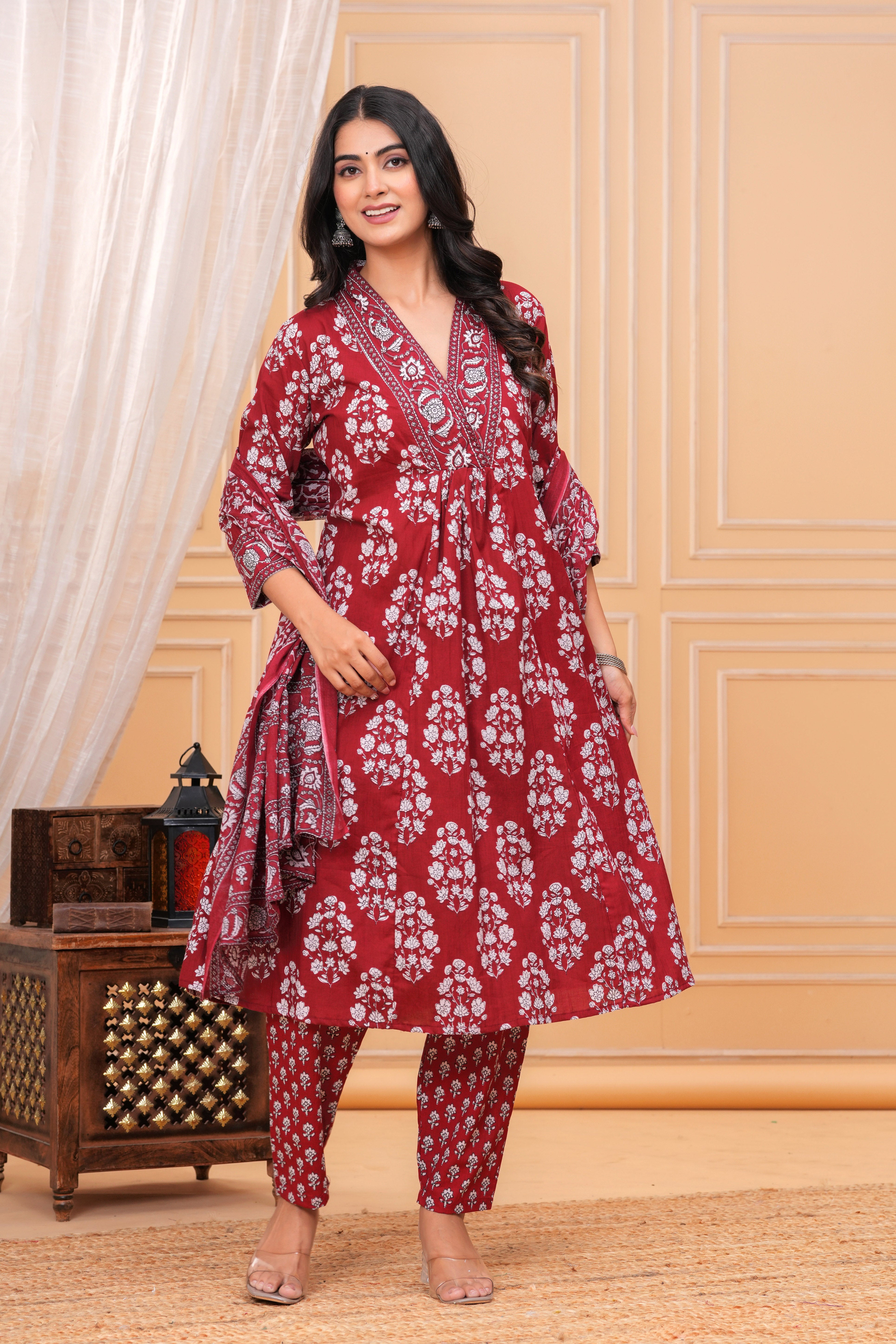 MEERA FAB Women's Pure Cotton V-Neck Border Anarkali Printed Kurta with Palazzo and Dupatta
