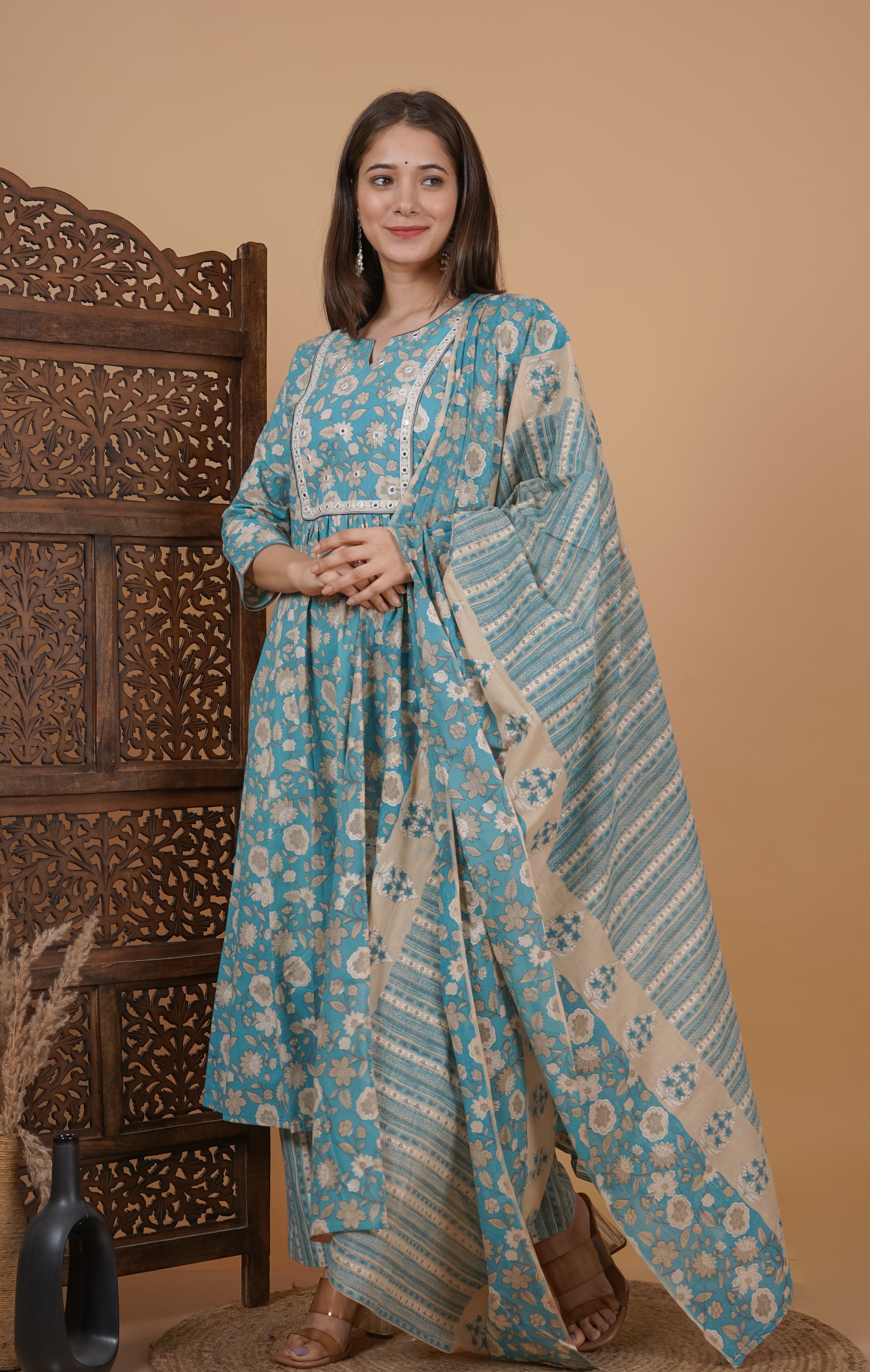 MEERA FAB Women's Cotton Printed Anarkali Kurta With Palazzo & Dupatta Set With Handwork