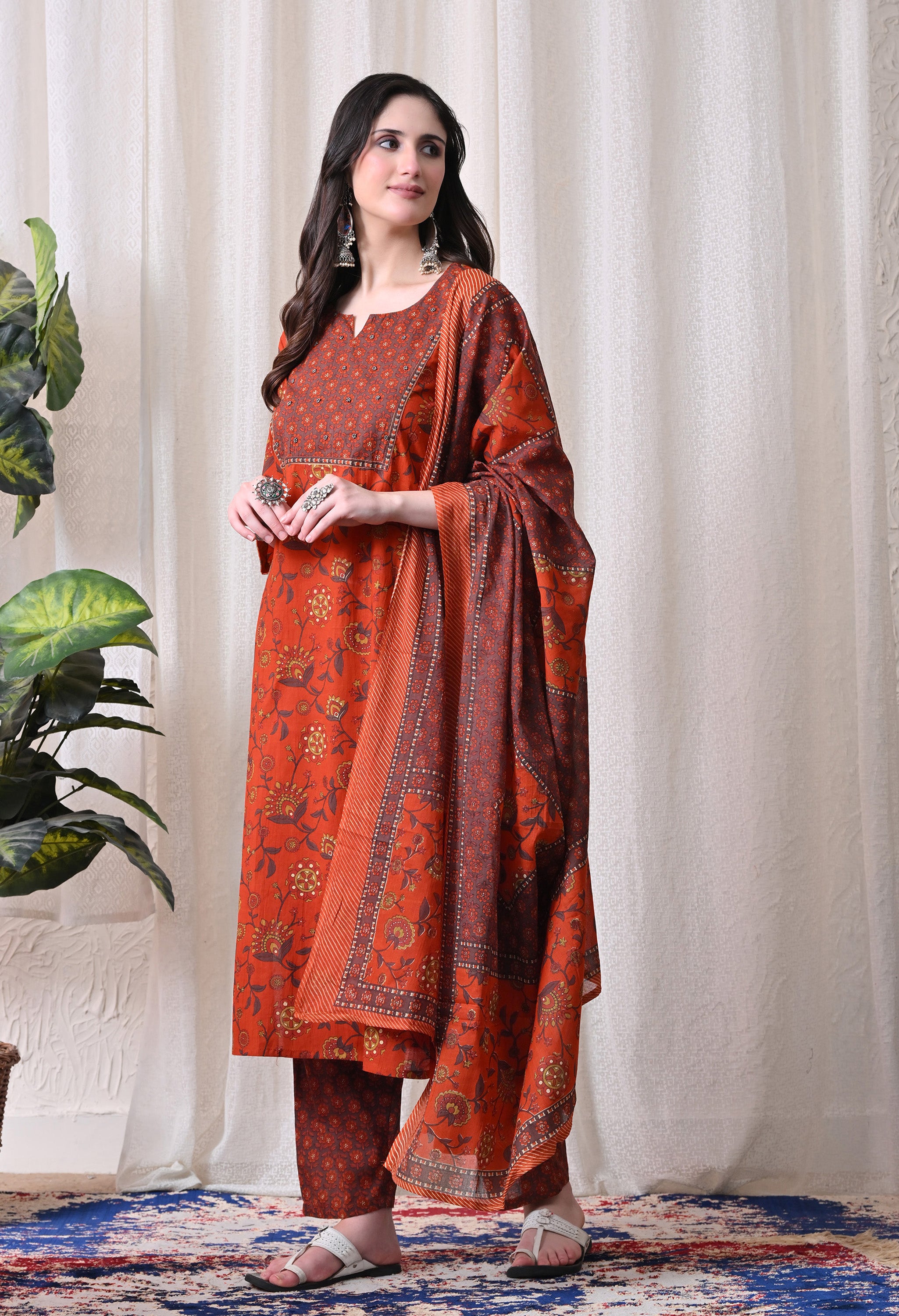 MEERA FAB Women Printed Regular Pure Cotton Straight Handwork Kurta with Palazzos & with Dupatta (Copy)