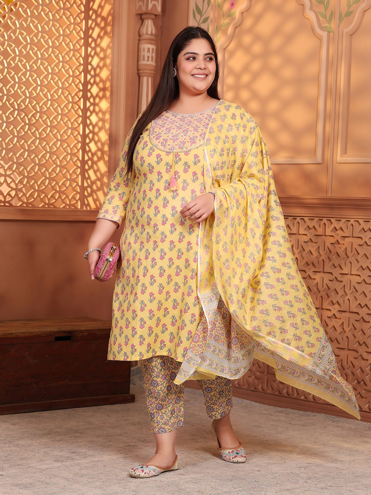 MEERA FAB Plus Size Printed Pure Cotton Straight Embrodriery Kurta with Palazzos & Dupatta