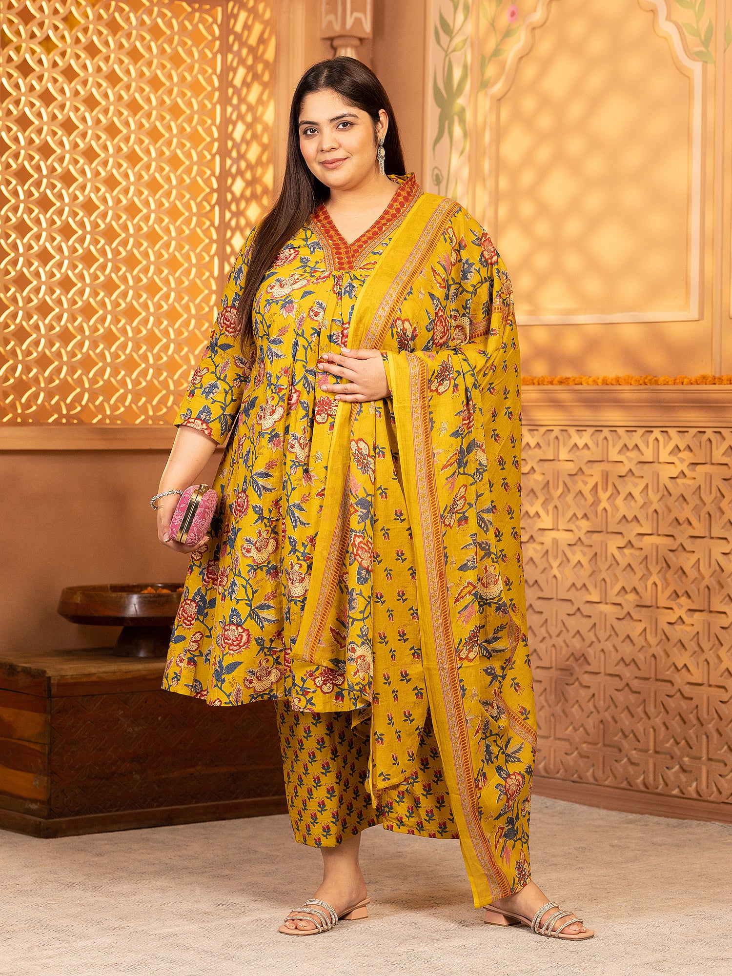 MEERA FAB Women's Cotton Blend V-Neck Plus Size Kurta Printed Kurta with Palazzo & Dupatta Set