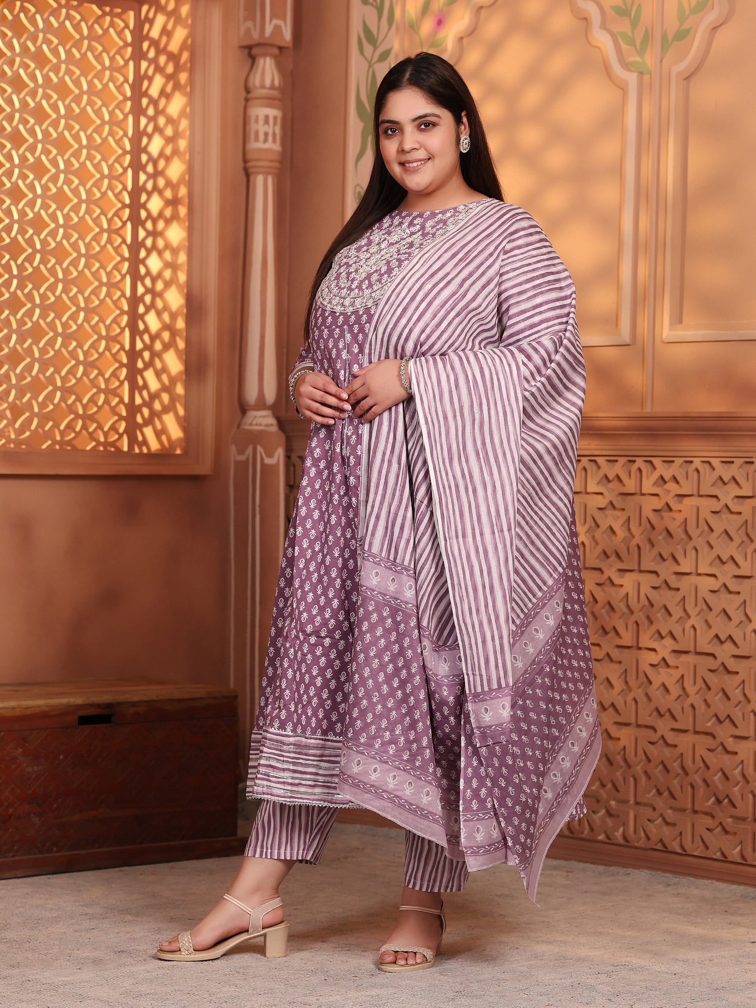 MEERA FAB Women's Pure Cotton Printed Anarkali Handwork Kurta with Palazzos & Dupatta