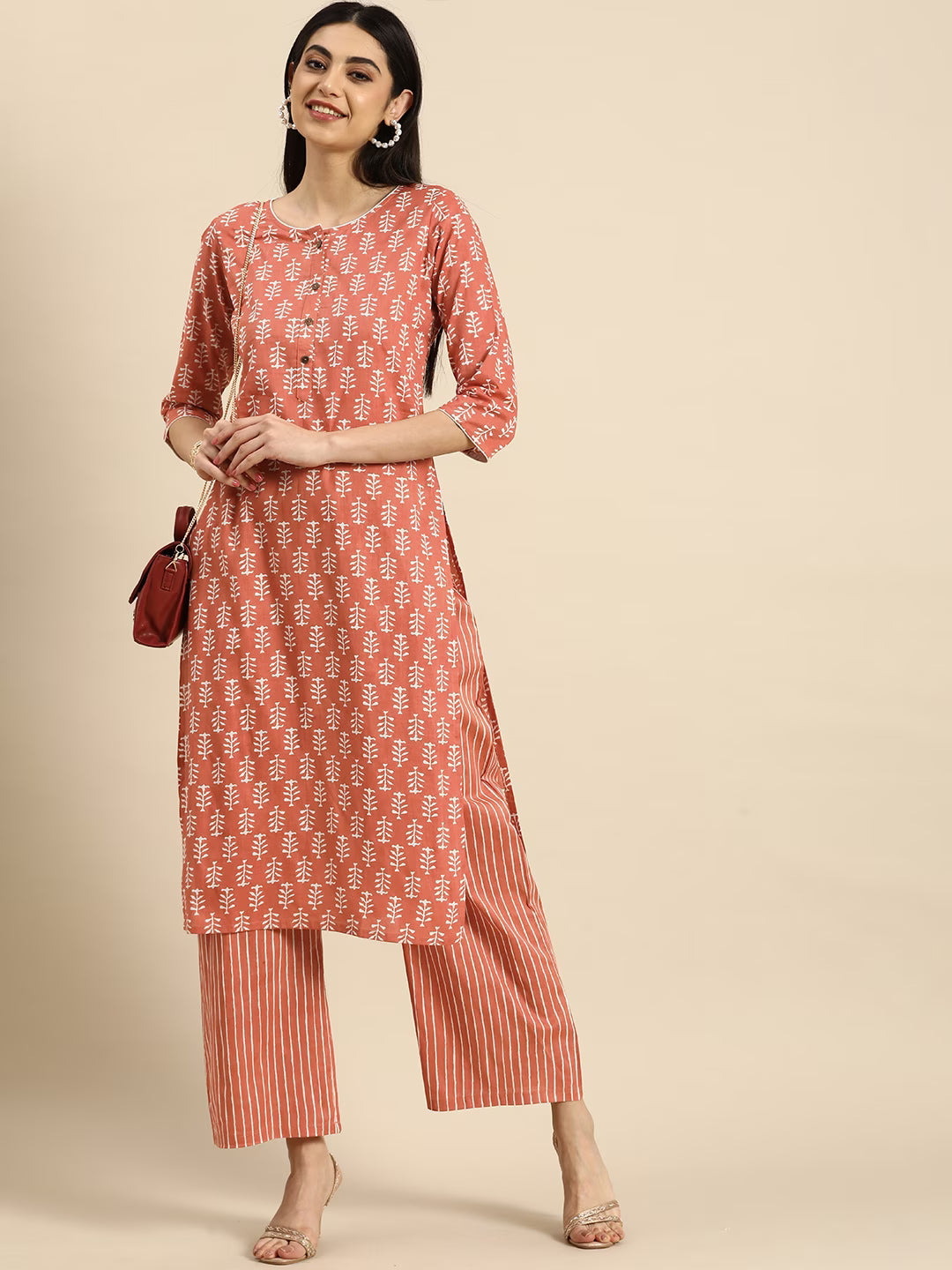 MEERA FAB Women's Cotton Printed Floral Straight Kurta with Palazzo