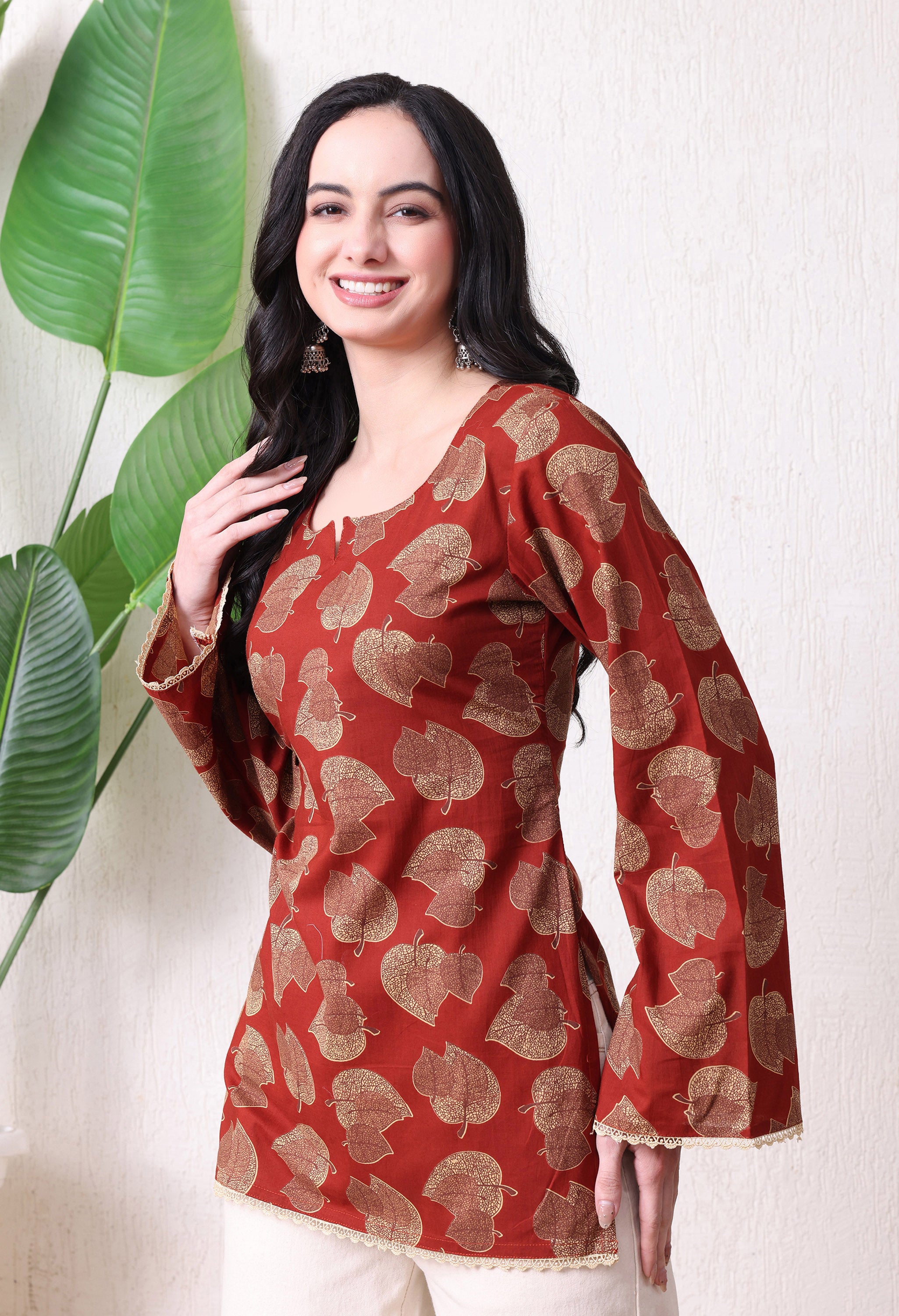 MEERA FAB Women's Floral Printed Cotton Short Top | Floral Printed Kurta with Full Sleeves | Short Kurti for Women