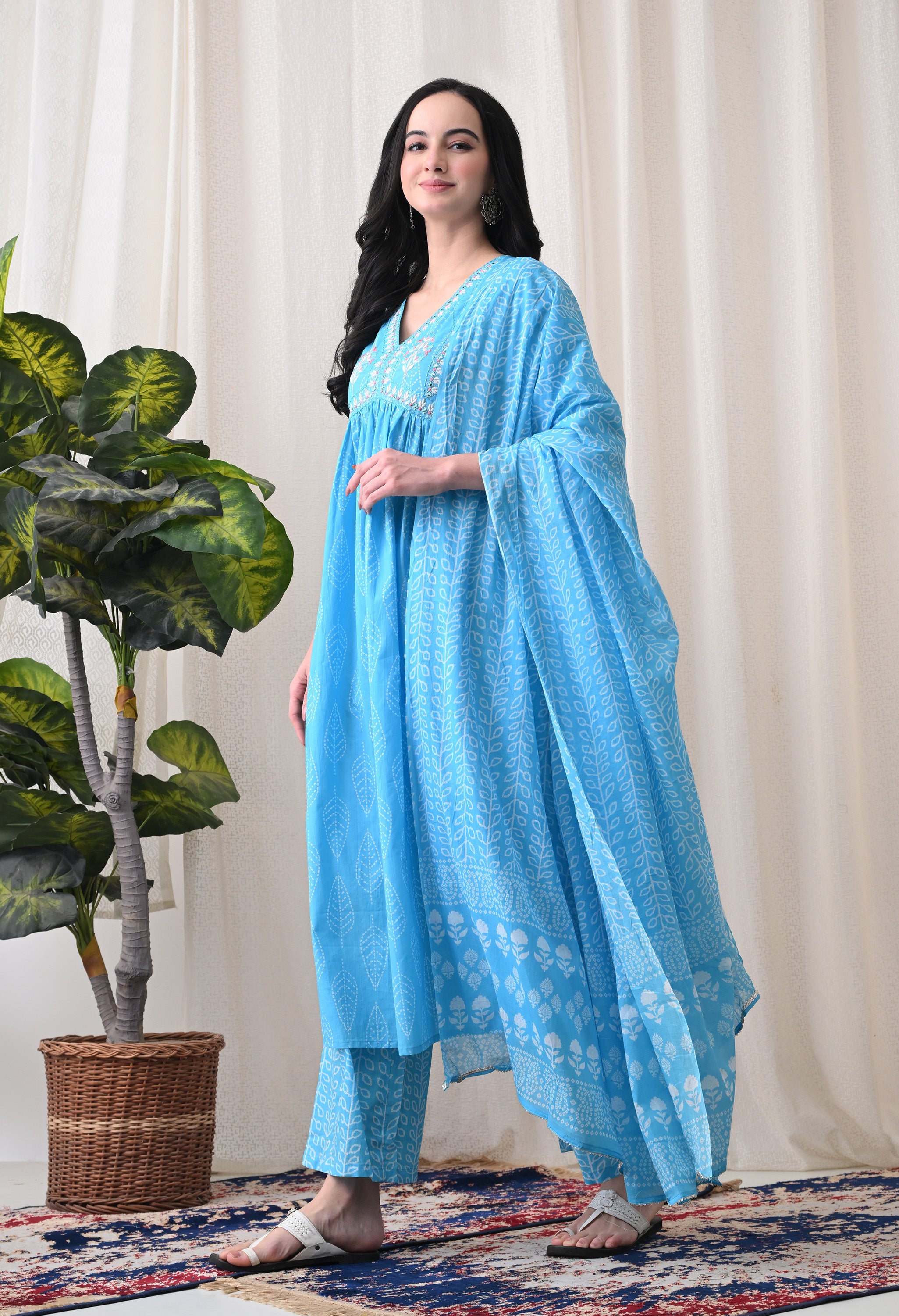 MEERA FAB Alia Cut Kurta Palazzo and Dupatta Set,Pure Cotton, with Embroidery, Block Print