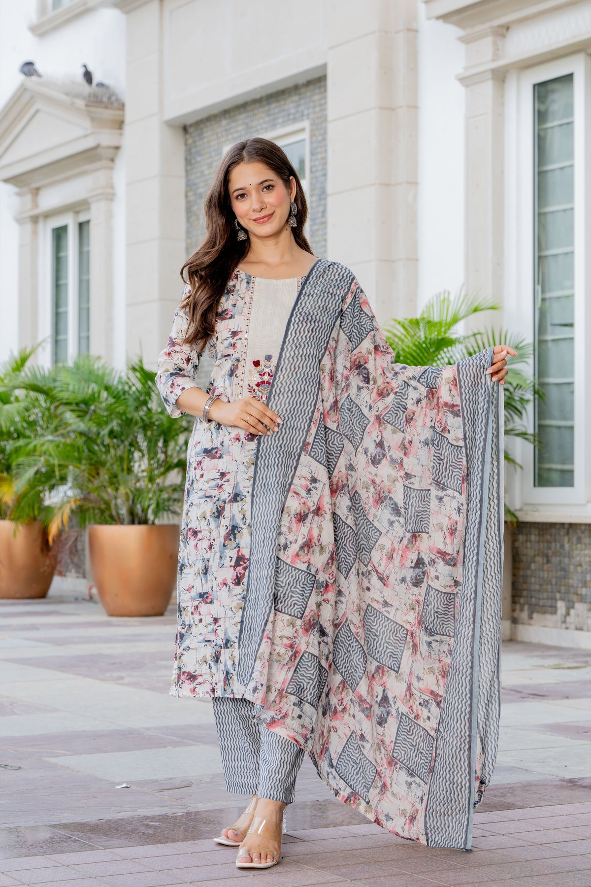 MEERA FAB Women Red Printed Regular Pure Cotton Anarkali Kurta with Palazzos & with Dupatta
