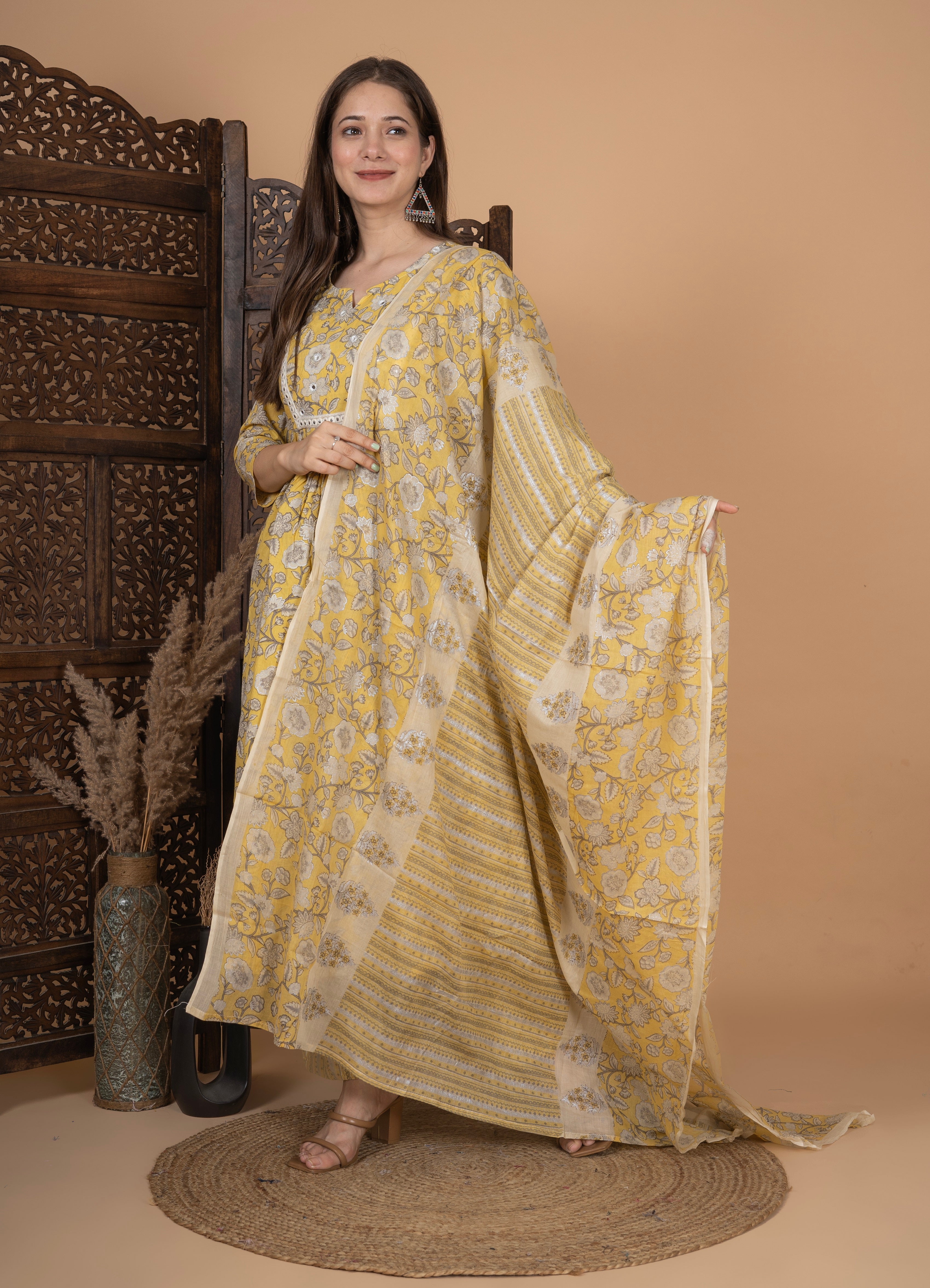 MEERA FAB Women's Cotton Printed Anarkali Kurta With Palazzo & Dupatta Set With Handwork