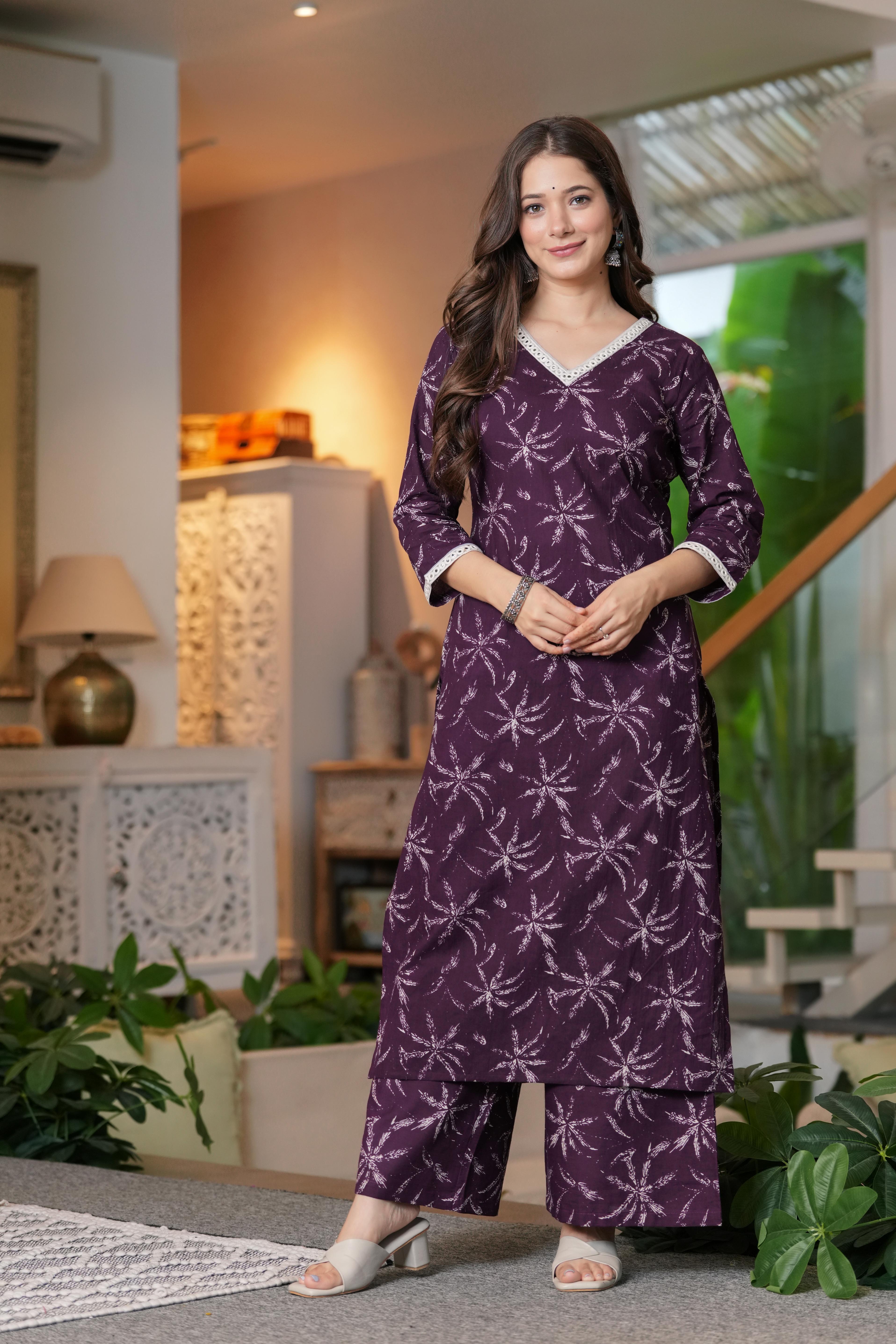 MEERA FAB Women Cotton Printed V-Neck Lace Kurta Palazzo Set