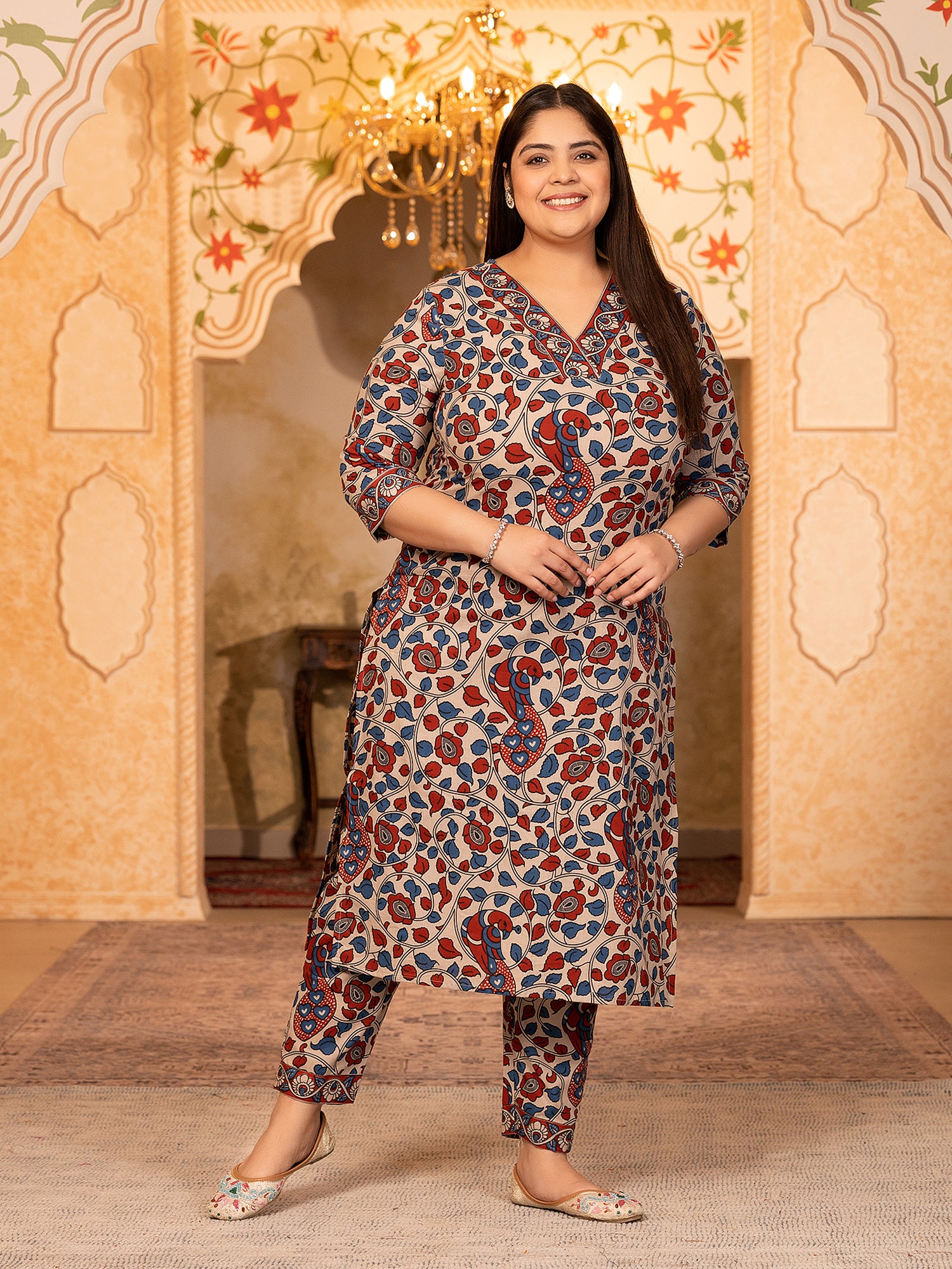 MEERA FAB Women's Pure Cotton Printed Straight V-Neck Kurta With Palazzo