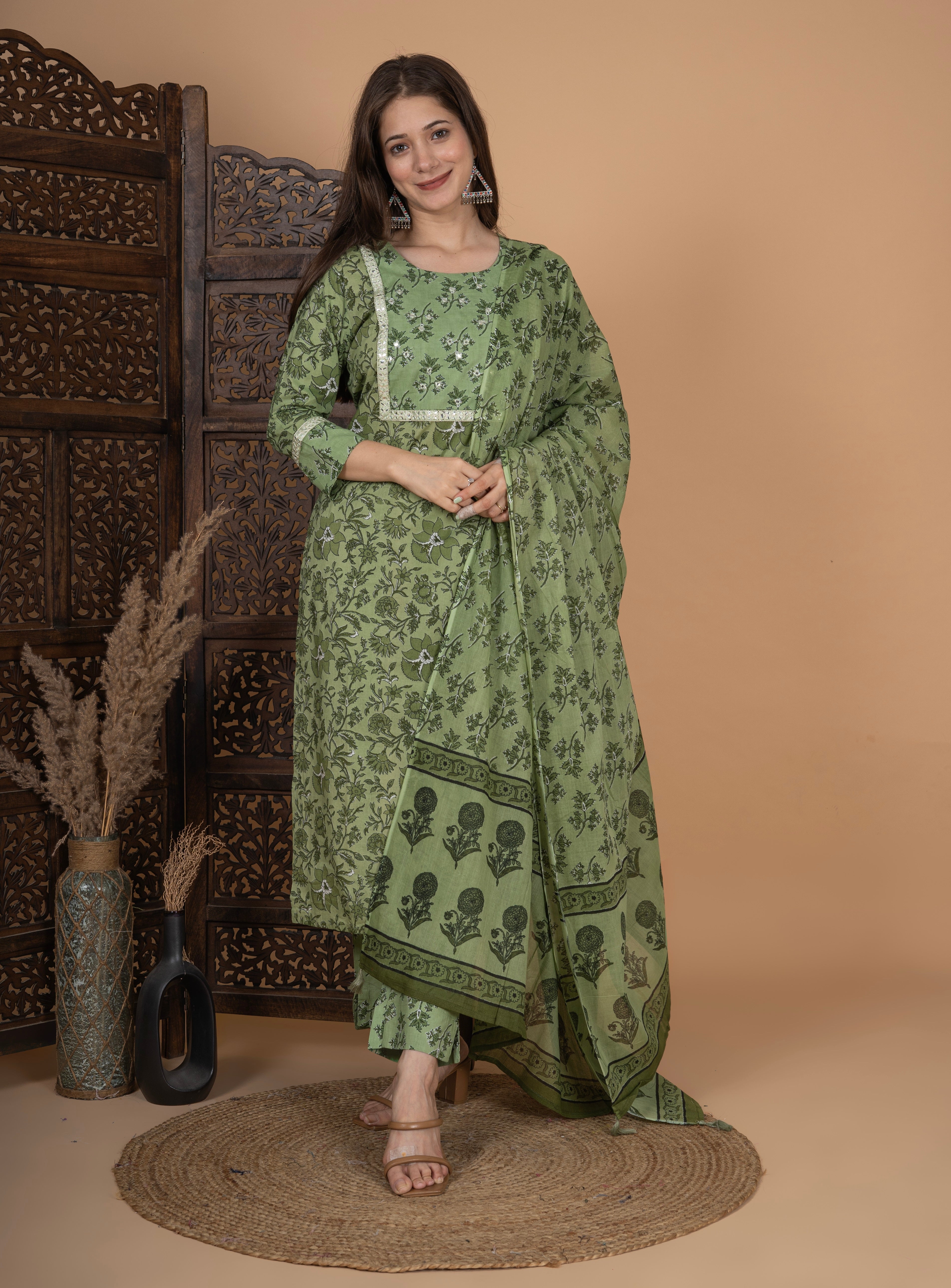 MEERA FAB Women's Cotton Printed Straight Kurta with Palazzo & Dupatta Set with Yoke