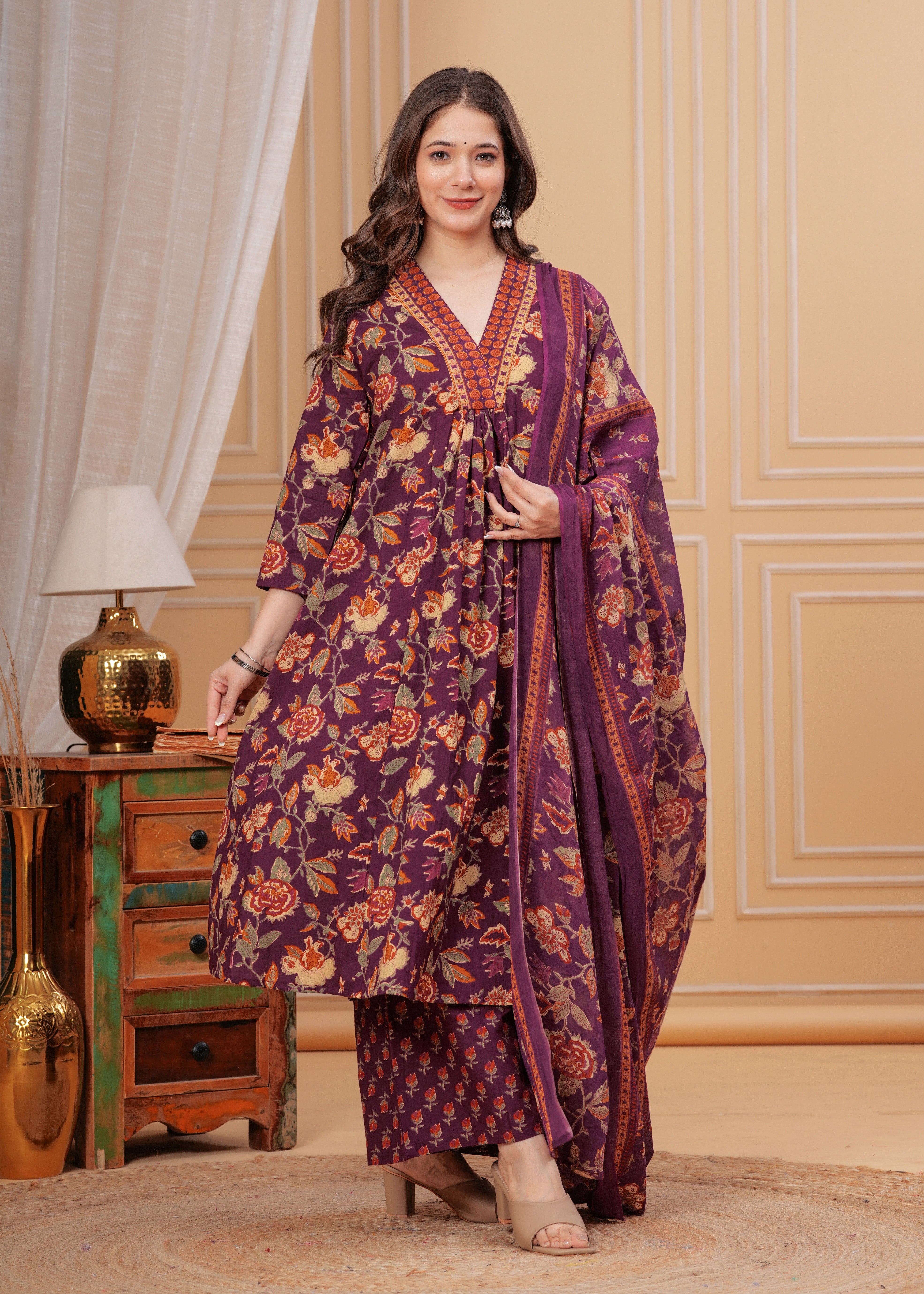 MEERA FAB Women's Cotton Blend Anarkali Printed Kurta with Palazzo & Dupatta